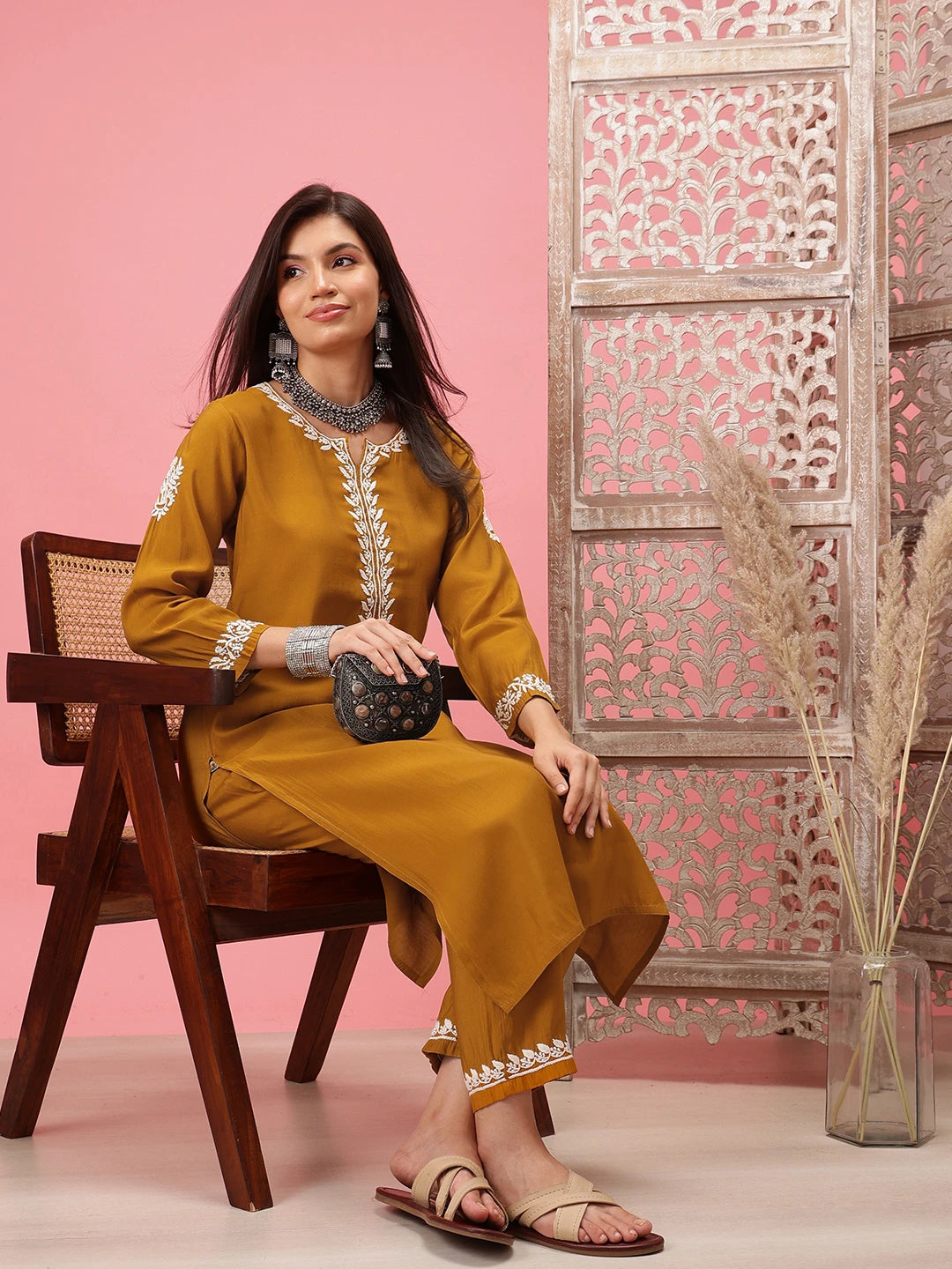 Ada Hand Embroidered Mustard Cotton Lucknowi Chikankari Co-Ord Set A811279