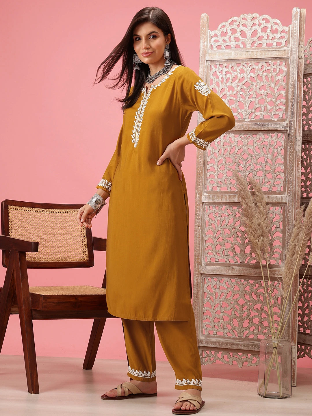 Ada Hand Embroidered Mustard Cotton Lucknowi Chikankari Co-Ord Set A811279