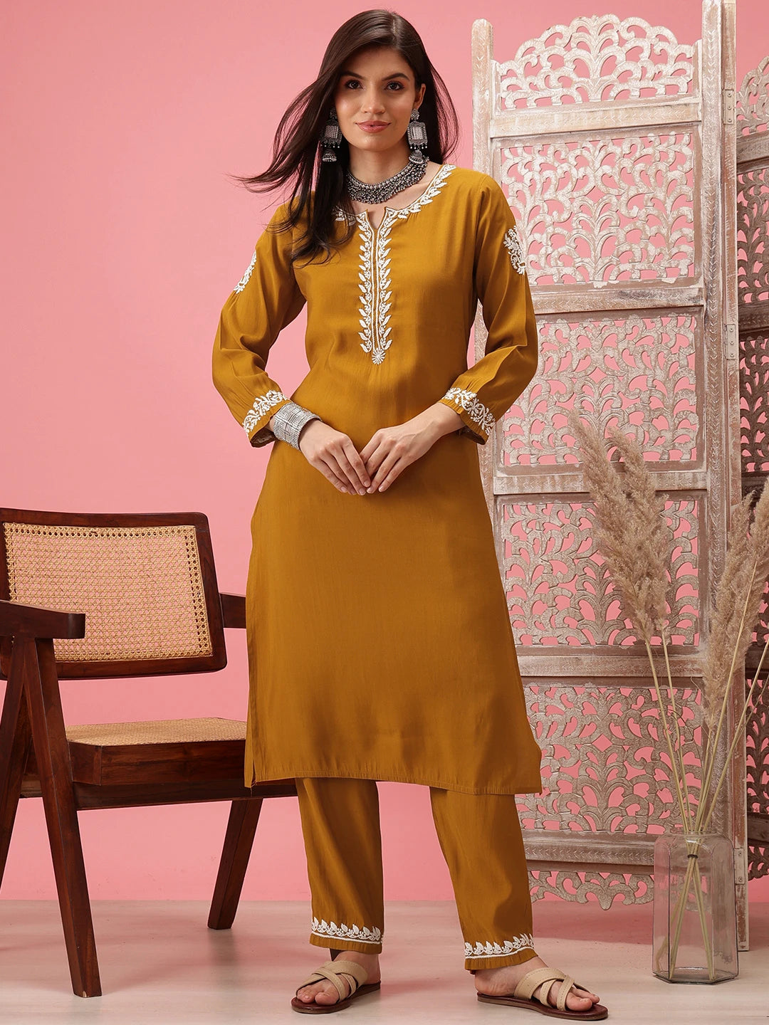 Ada Hand Embroidered Mustard Cotton Lucknowi Chikankari Co-Ord Set A811279