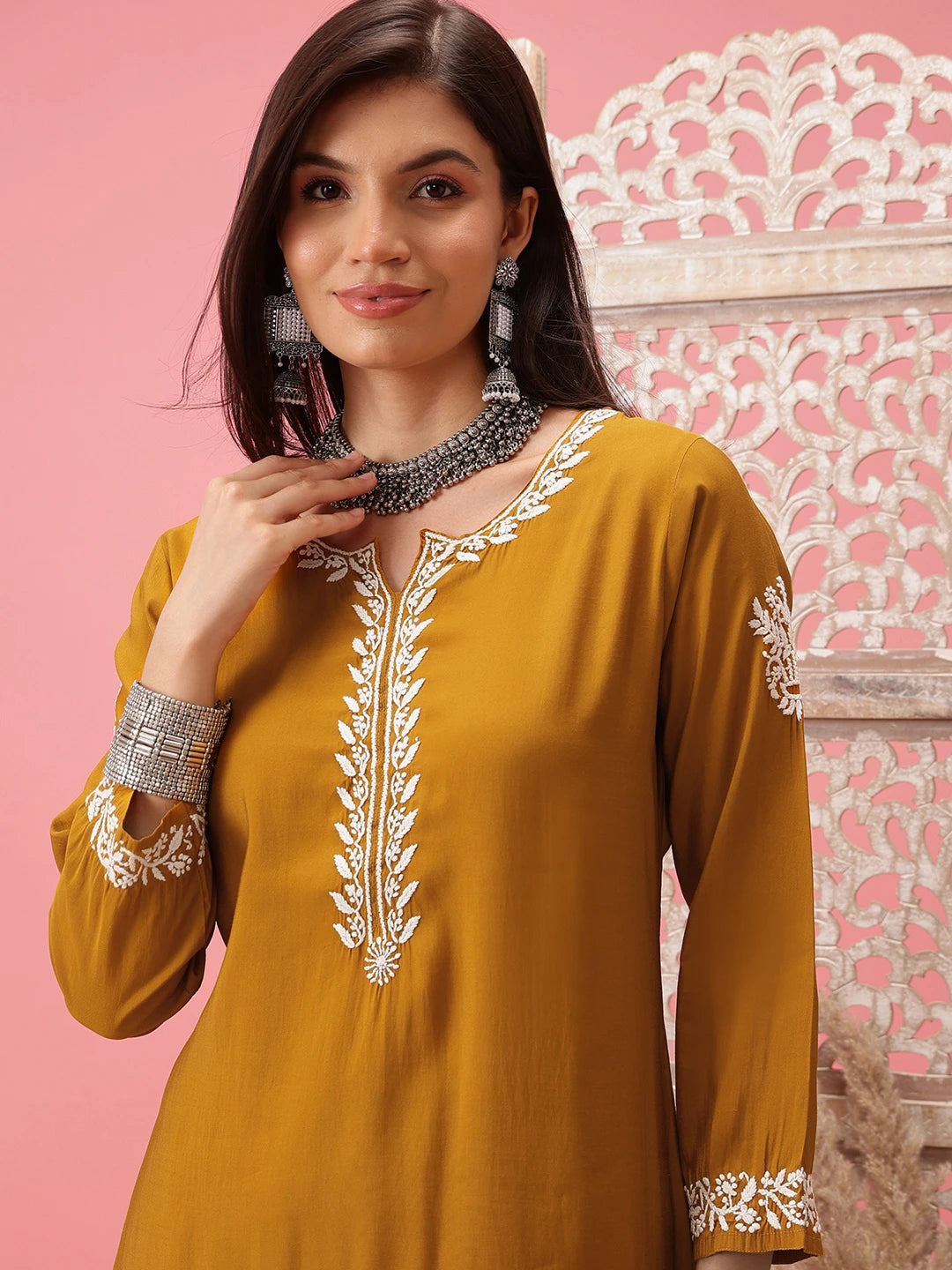 Ada Hand Embroidered Mustard Cotton Lucknowi Chikankari Co-Ord Set A811279