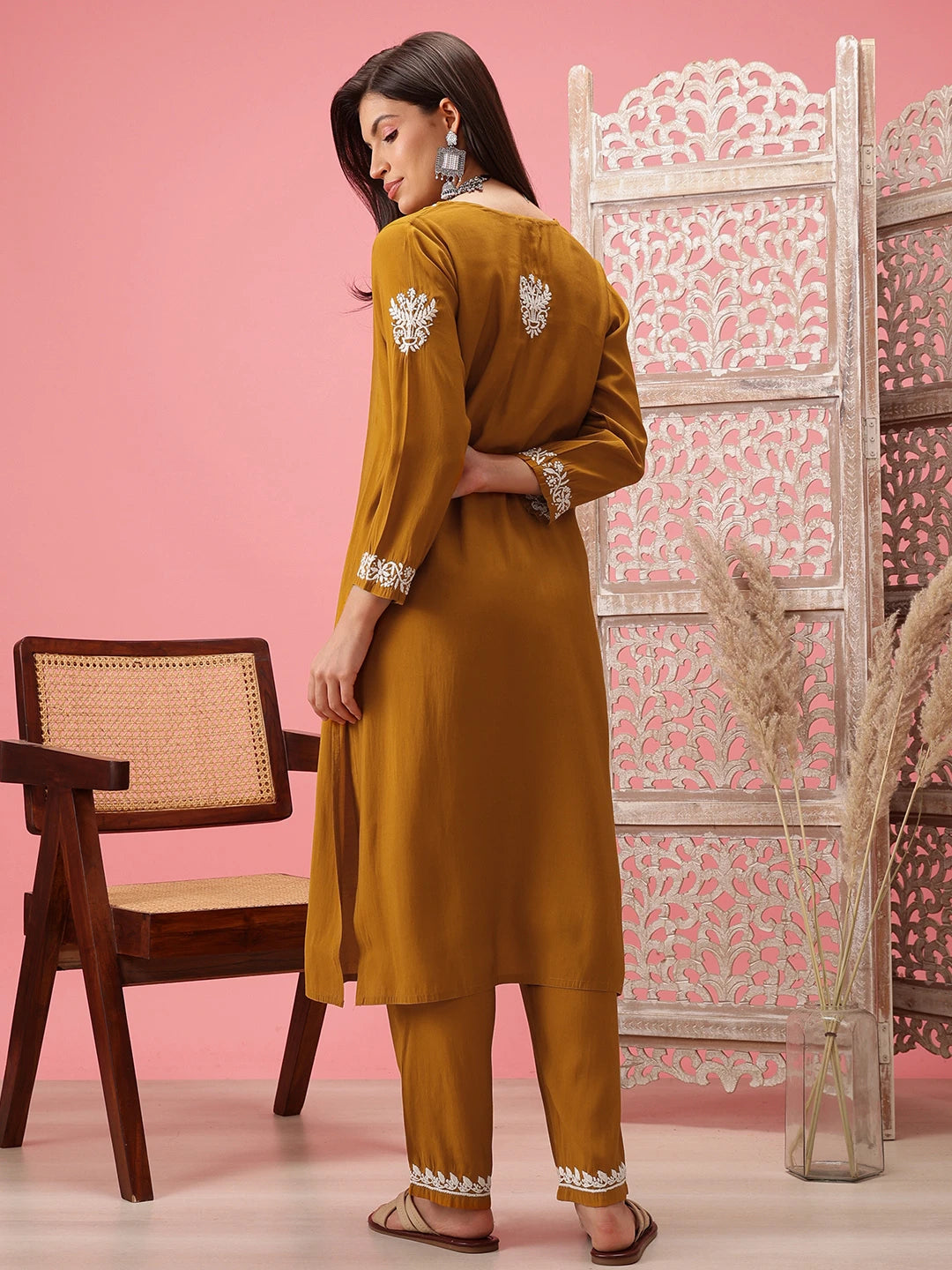 Ada Hand Embroidered Mustard Cotton Lucknowi Chikankari Co-Ord Set A811279