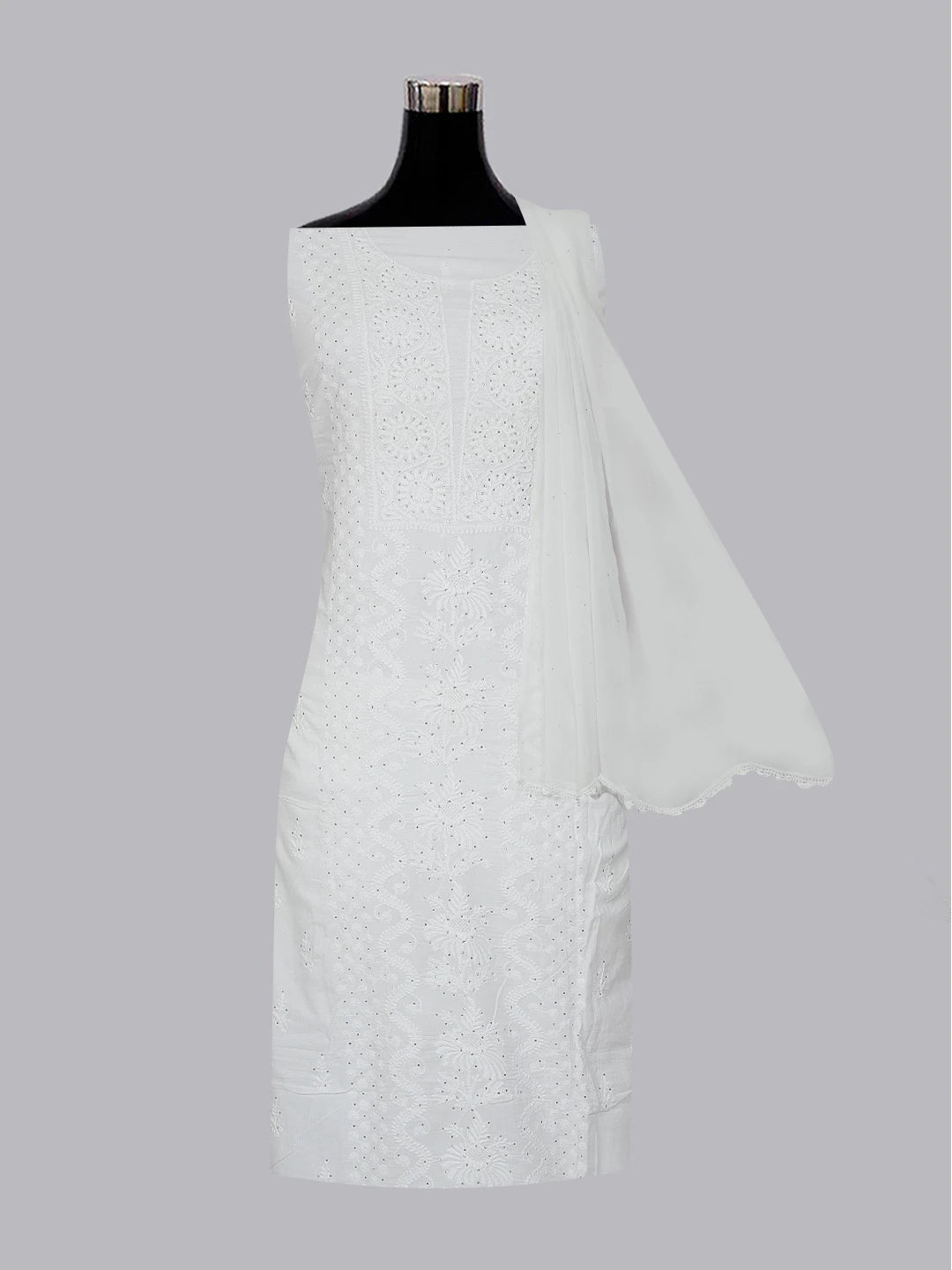 Ada Hand Embroidered White Cotton Lucknowi Chikankari Unstitched Suit Piece With Muqaish Work 01A396132
