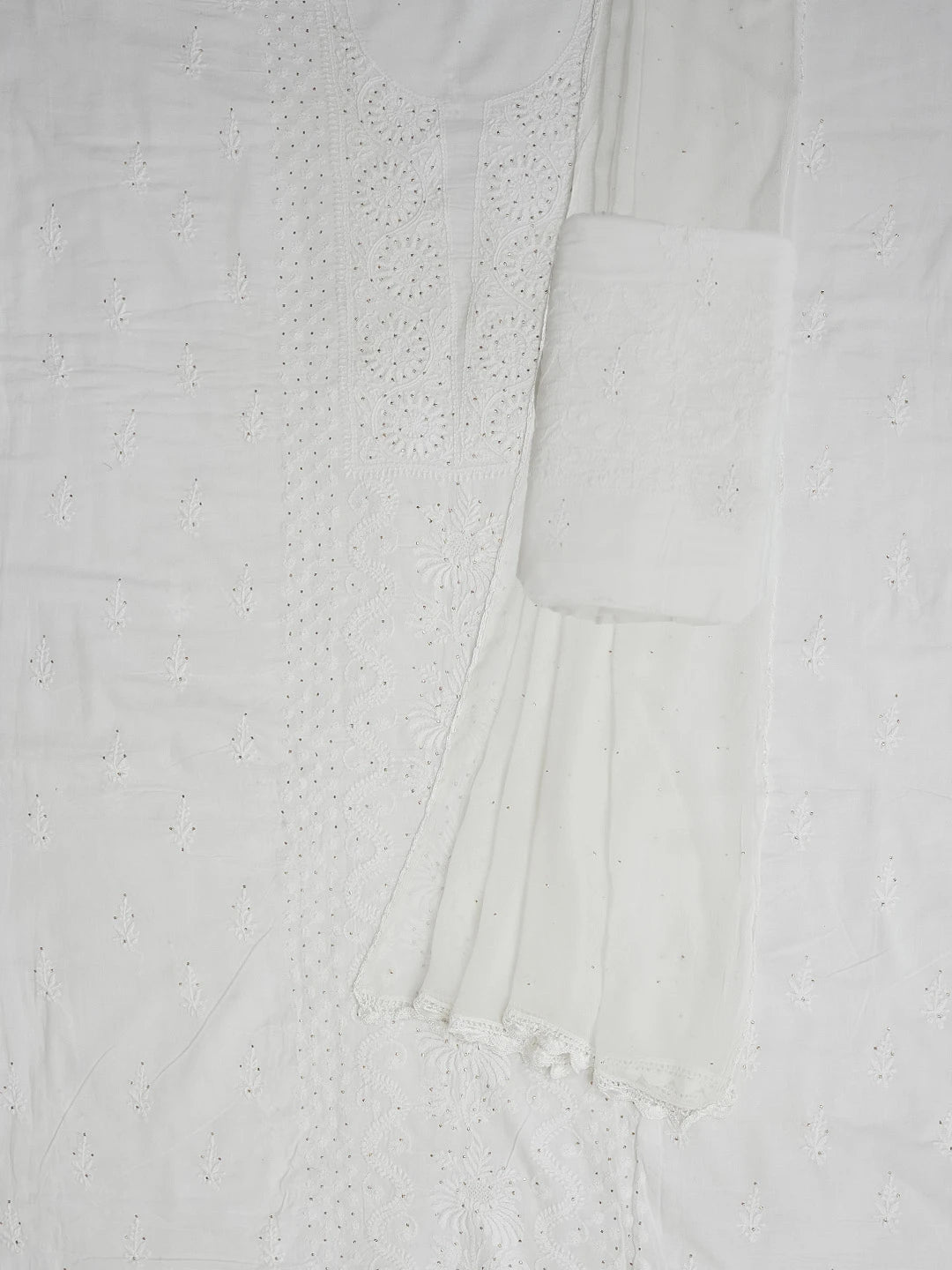 Ada Hand Embroidered White Cotton Lucknowi Chikankari Unstitched Suit Piece With Muqaish Work 01A396132