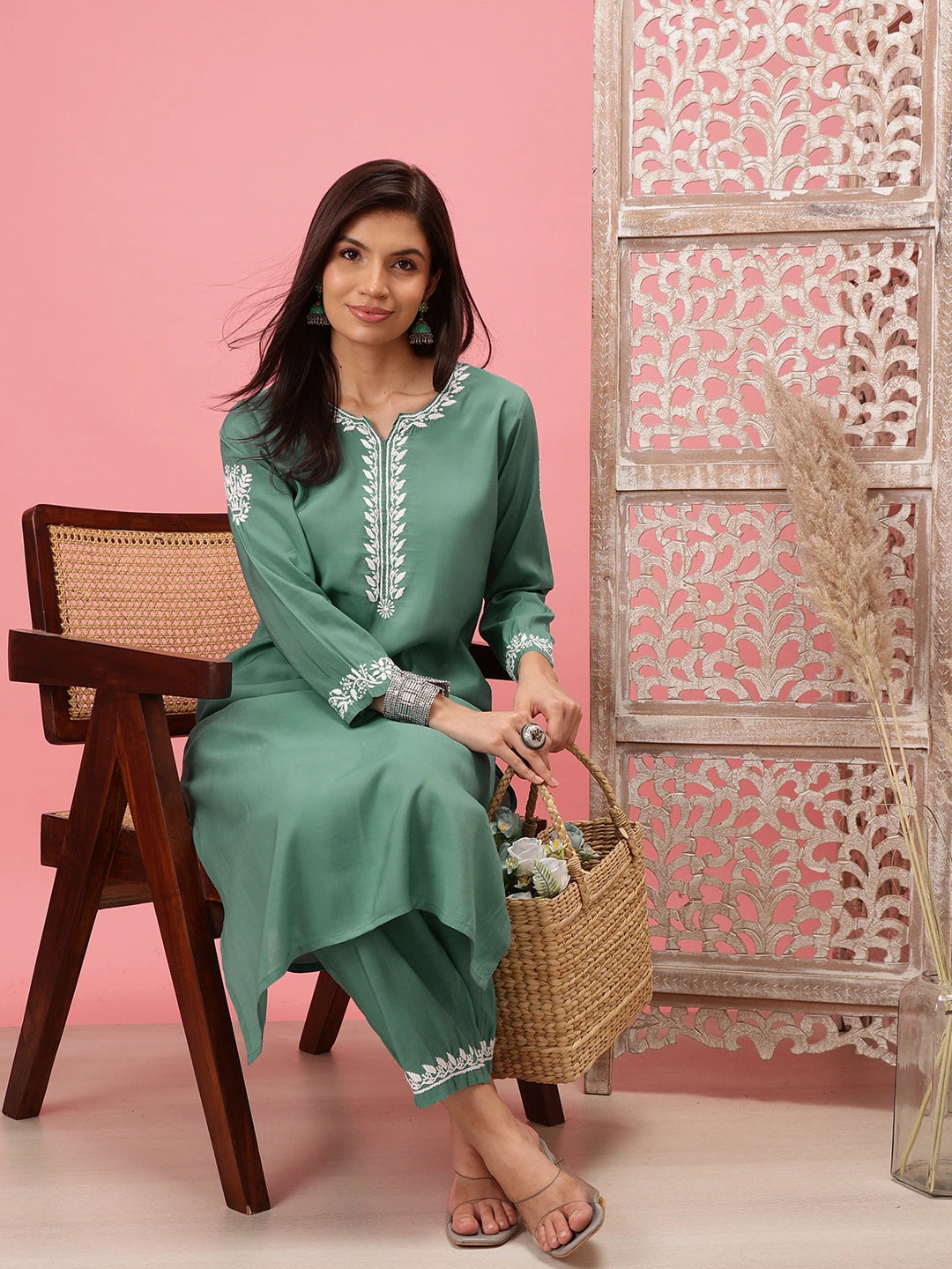 Ada Hand Embroidered Teal Green Cotton Lucknowi Chikankari Co-Ord Set A811280