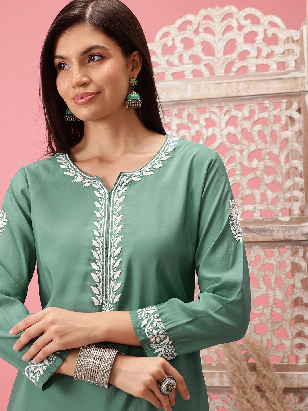 Ada Hand Embroidered Teal Green Cotton Lucknowi Chikankari Co-Ord Set A811280
