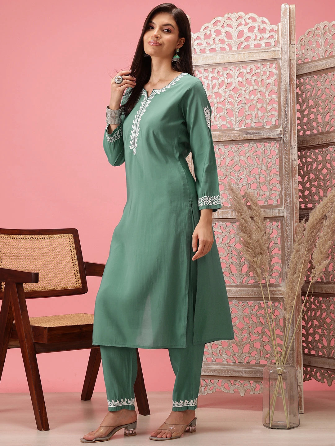 Ada Hand Embroidered Teal Green Cotton Lucknowi Chikankari Co-Ord Set A811280