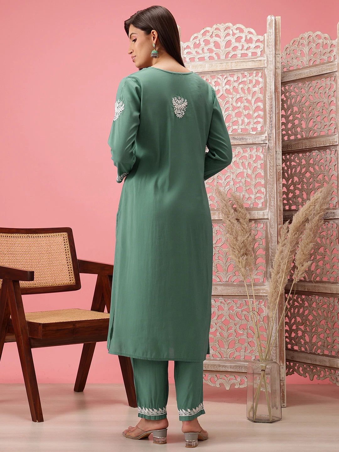 Ada Hand Embroidered Teal Green Cotton Lucknowi Chikankari Co-Ord Set A811280