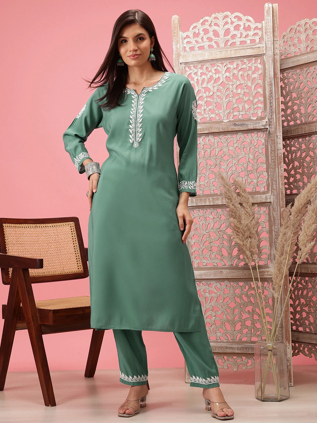 Ada Hand Embroidered Teal Green Cotton Lucknowi Chikankari Co-Ord Set A811280