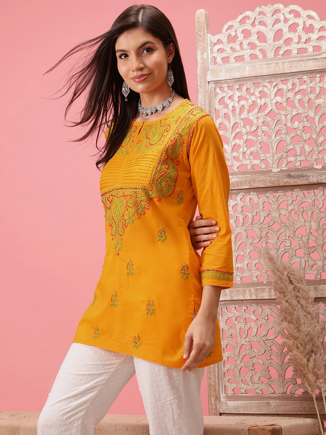 Ada Hand Embroidered Yellow Cotton Lucknowi Chikankari Straight Kurti A226638