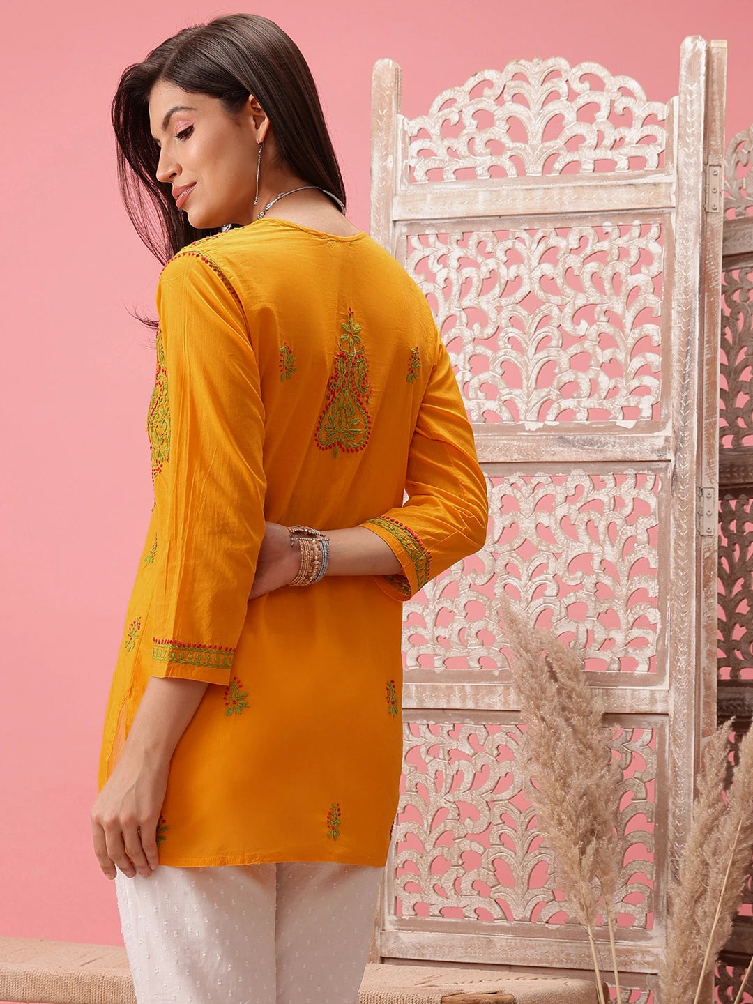Ada Hand Embroidered Yellow Cotton Lucknowi Chikankari Straight Kurti A226638