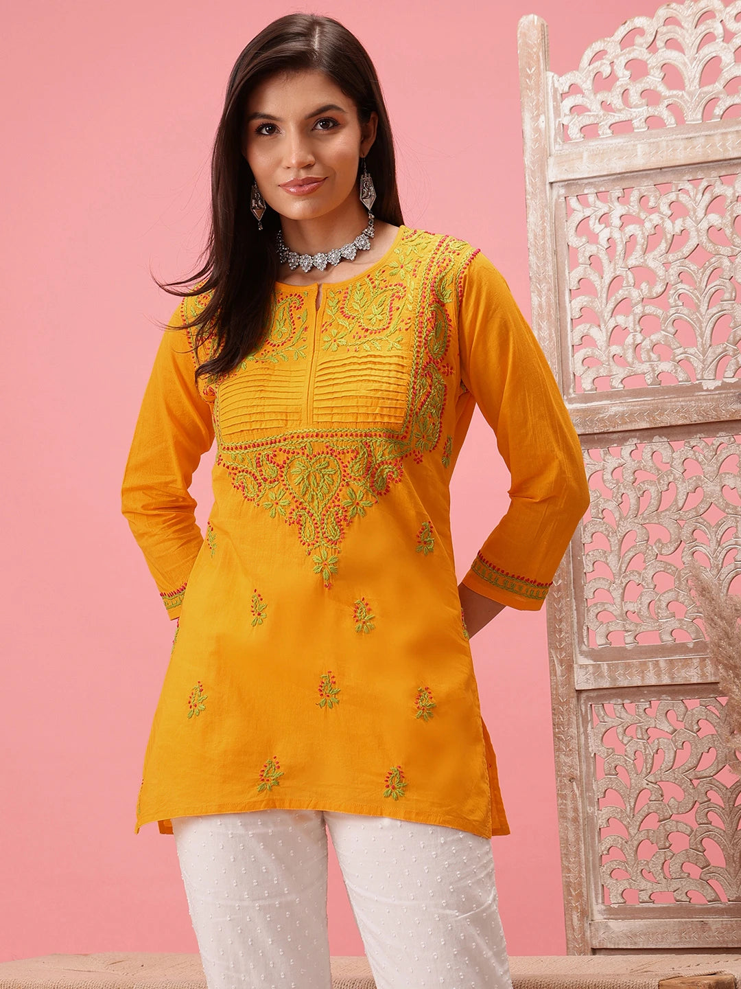 Ada Hand Embroidered Yellow Cotton Lucknowi Chikankari Straight Kurti A226638