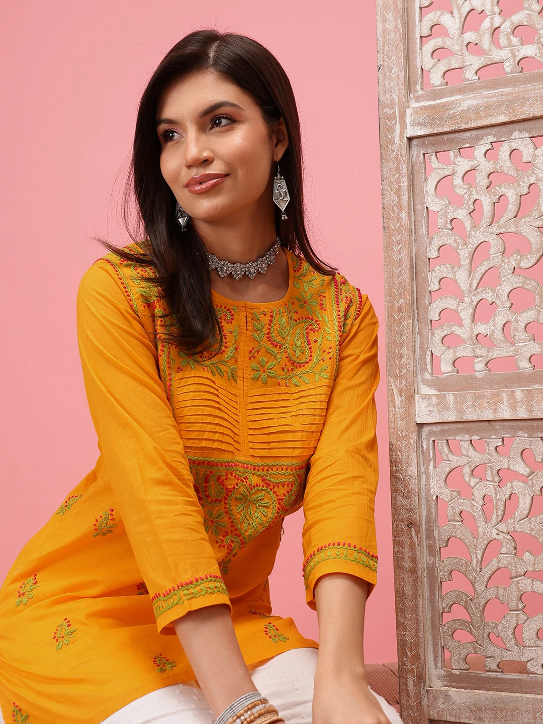 Ada Hand Embroidered Yellow Cotton Lucknowi Chikankari Straight Kurti A226638