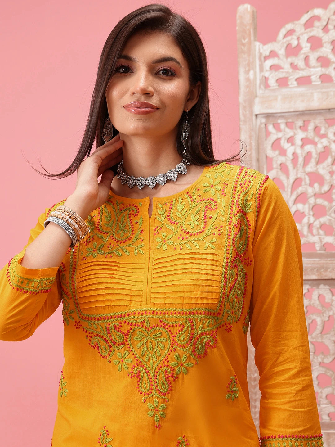 Ada Hand Embroidered Yellow Cotton Lucknowi Chikankari Straight Kurti A226638