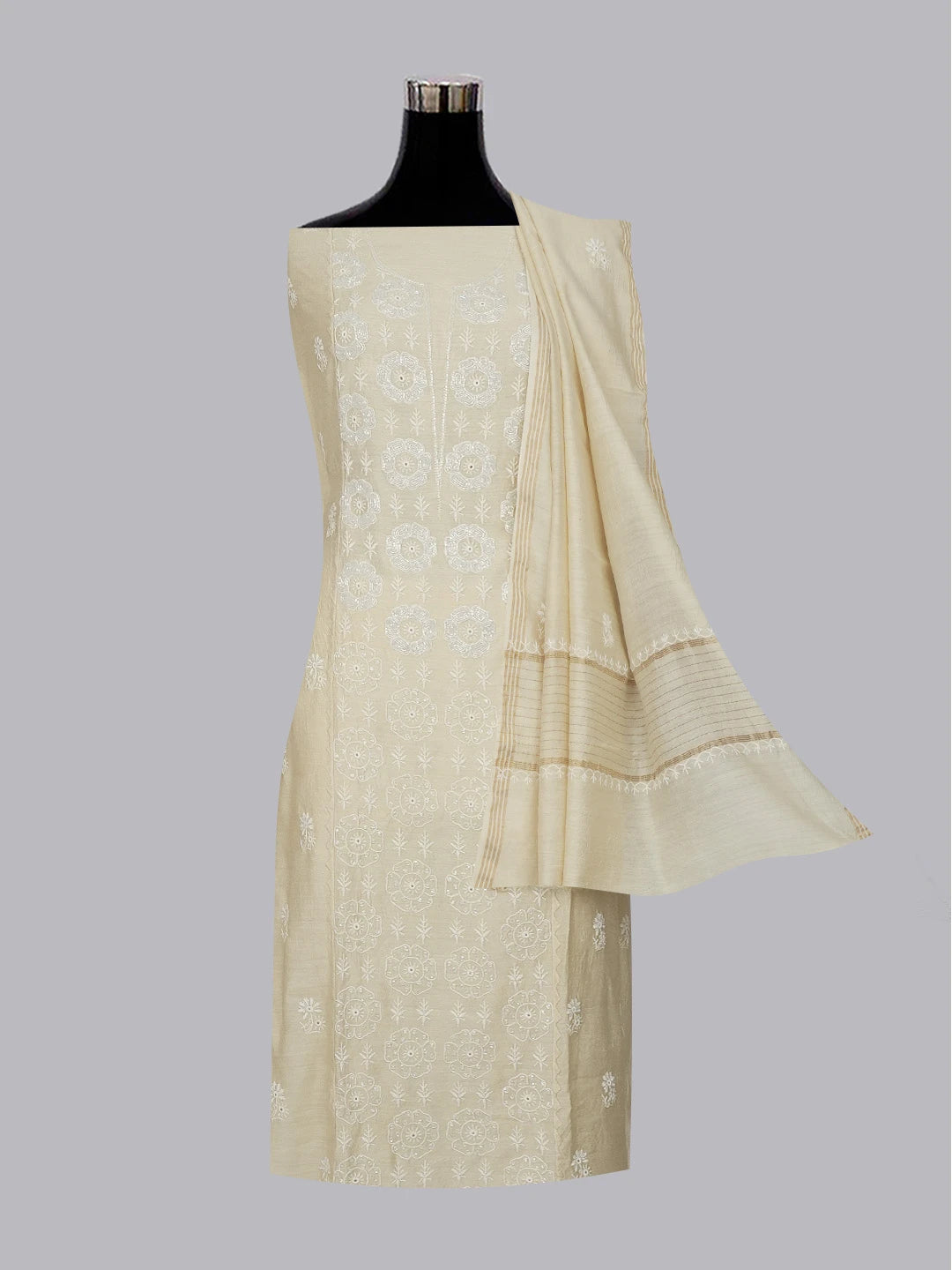 Ada Hand Embroidered Fawn Moonga Silk Lucknowi Chikankari Unstitched Kurta Dupatta Set With Cutdana Work 01A576433