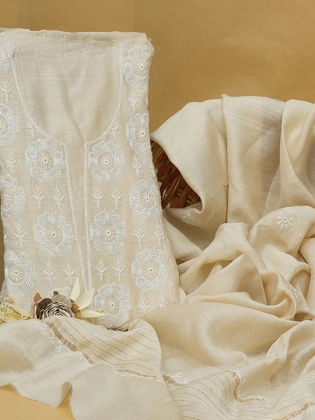 Ada Hand Embroidered Fawn Moonga Silk Lucknowi Chikankari Unstitched Kurta Dupatta Set With Cutdana Work 01A576433