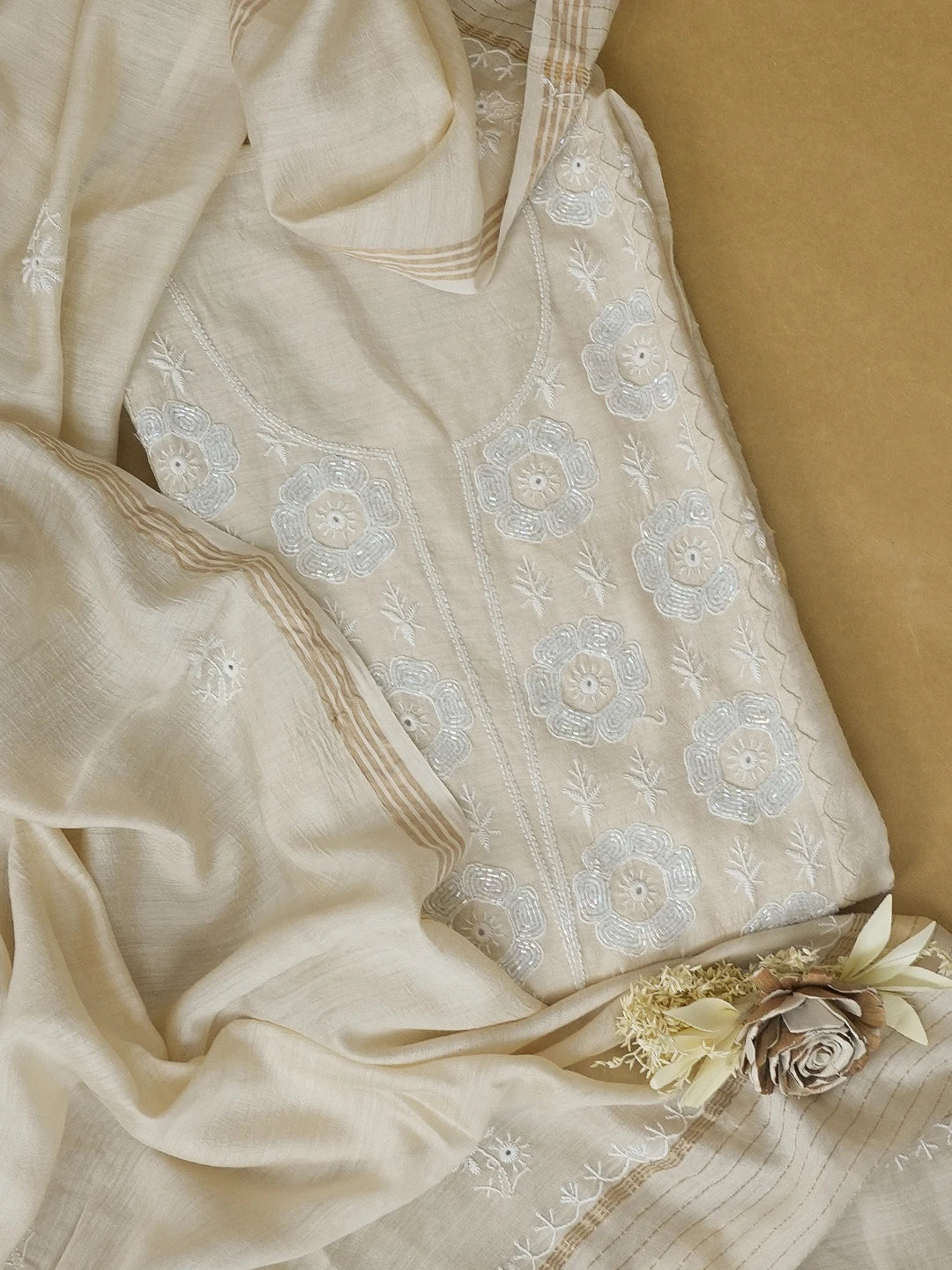 Ada Hand Embroidered Fawn Moonga Silk Lucknowi Chikankari Unstitched Kurta Dupatta Set With Cutdana Work 01A576433