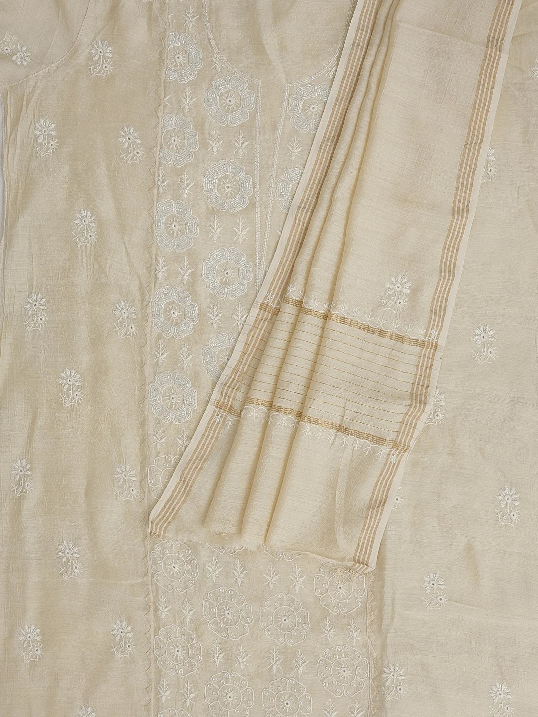 Ada Hand Embroidered Fawn Moonga Silk Lucknowi Chikankari Unstitched Kurta Dupatta Set With Cutdana Work 01A576433
