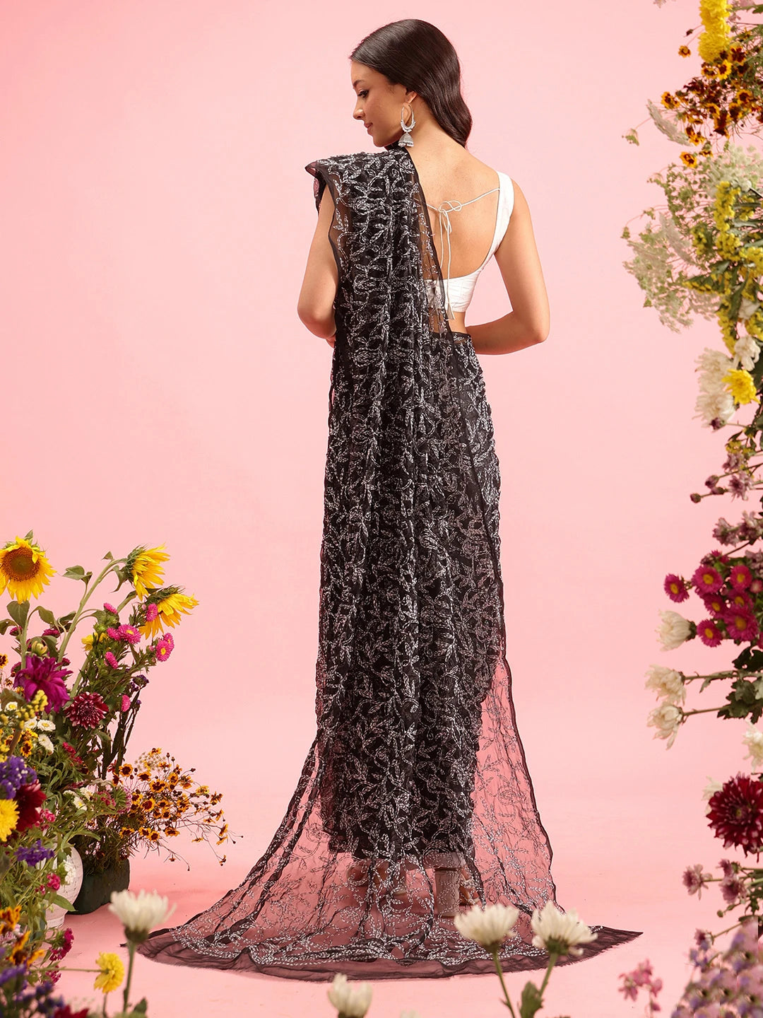 Ada Hand Embroidered Black Georgette Lucknowi Chikankari Saree With Blouse A311376