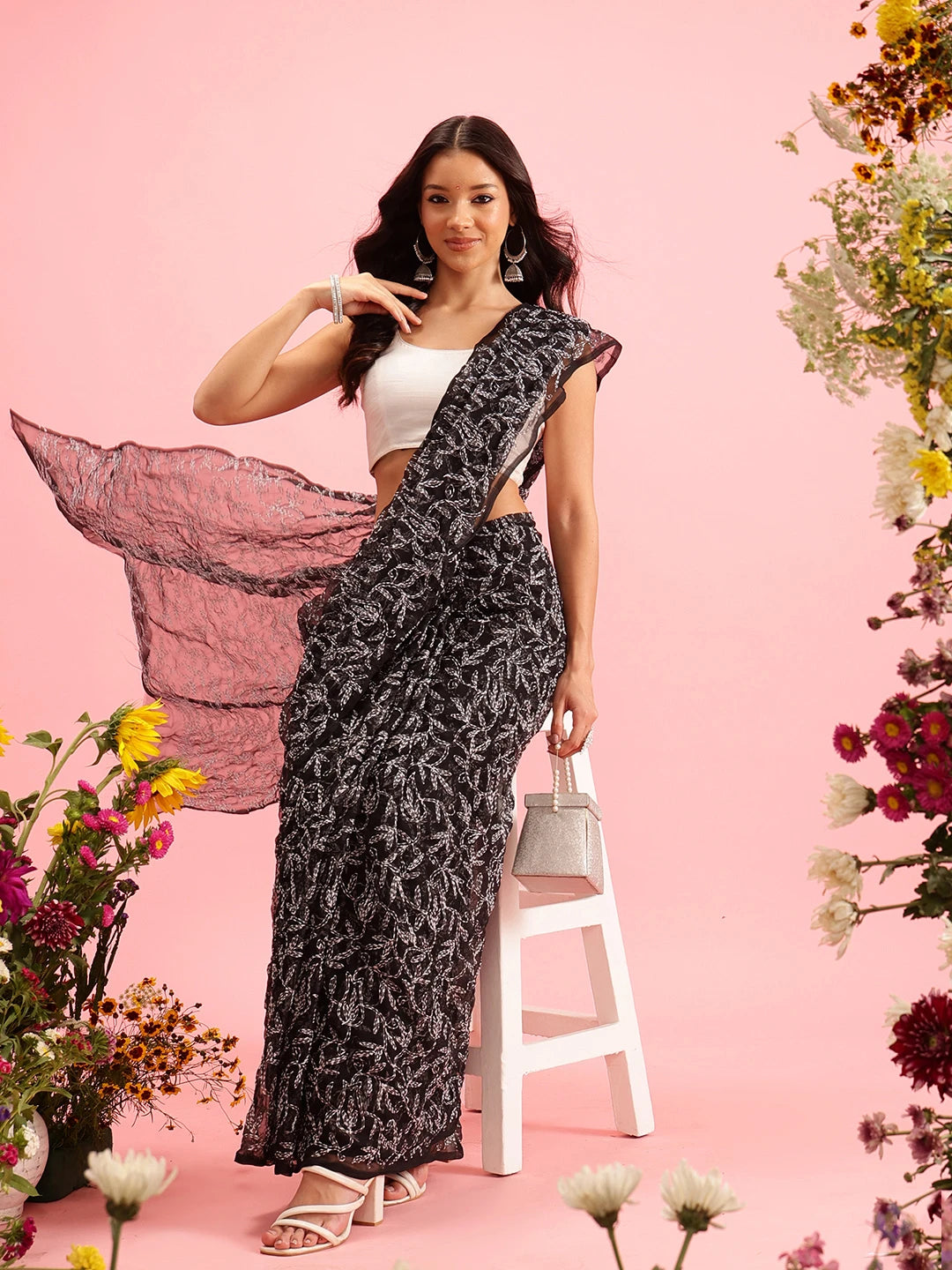 Ada Hand Embroidered Black Georgette Lucknowi Chikankari Saree With Blouse A311376