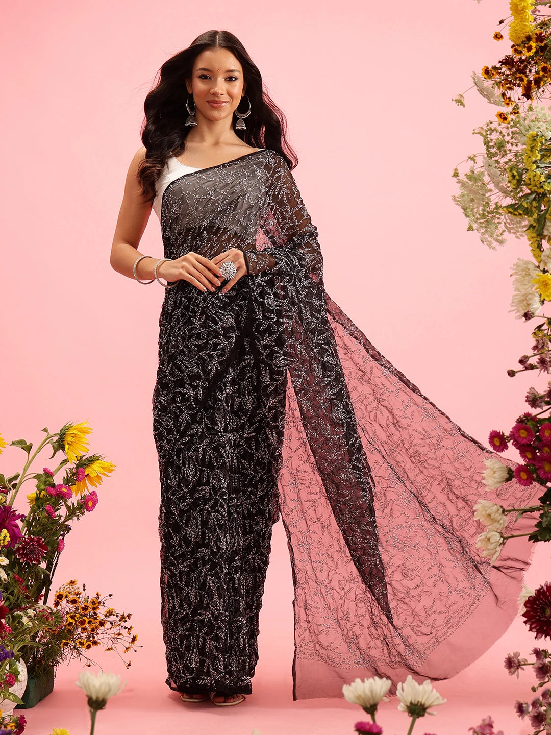 Ada Hand Embroidered Black Georgette Lucknowi Chikankari Saree With Blouse A311376