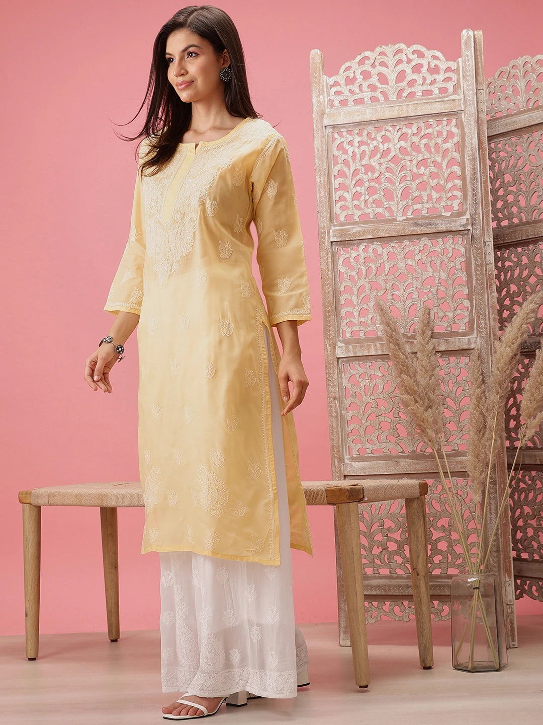 Ada Hand Embroidered Cream Cotton Lucknow Chikankari Straight Kurta A411397