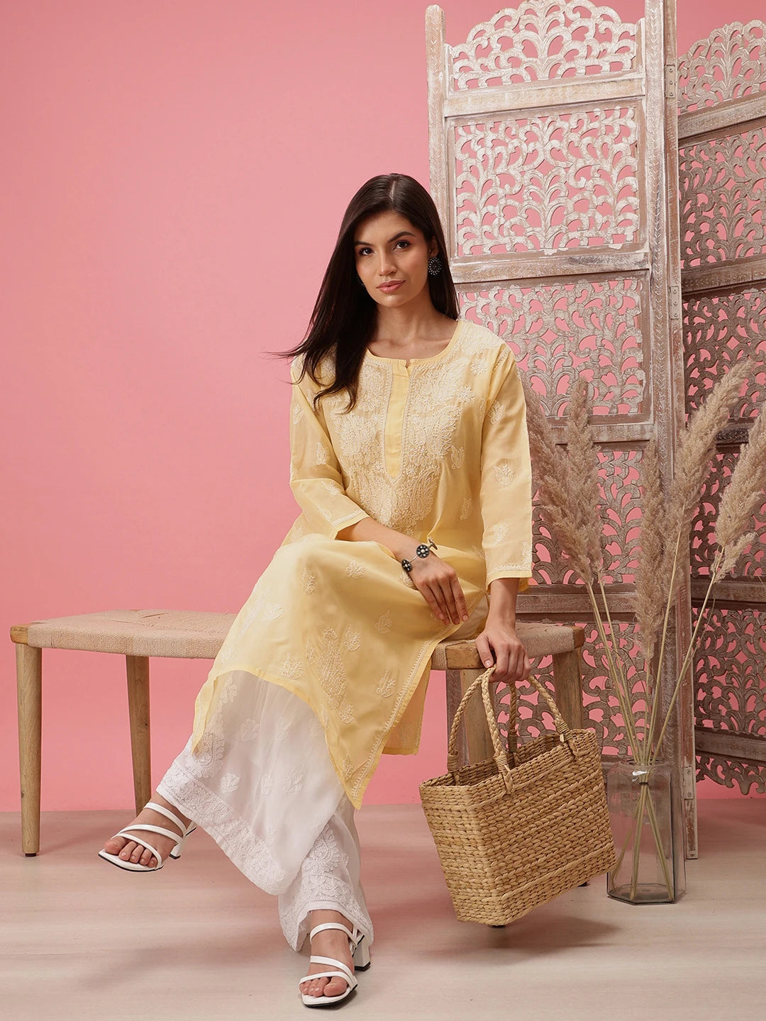 Ada Hand Embroidered Cream Cotton Lucknow Chikankari Straight Kurta A411397