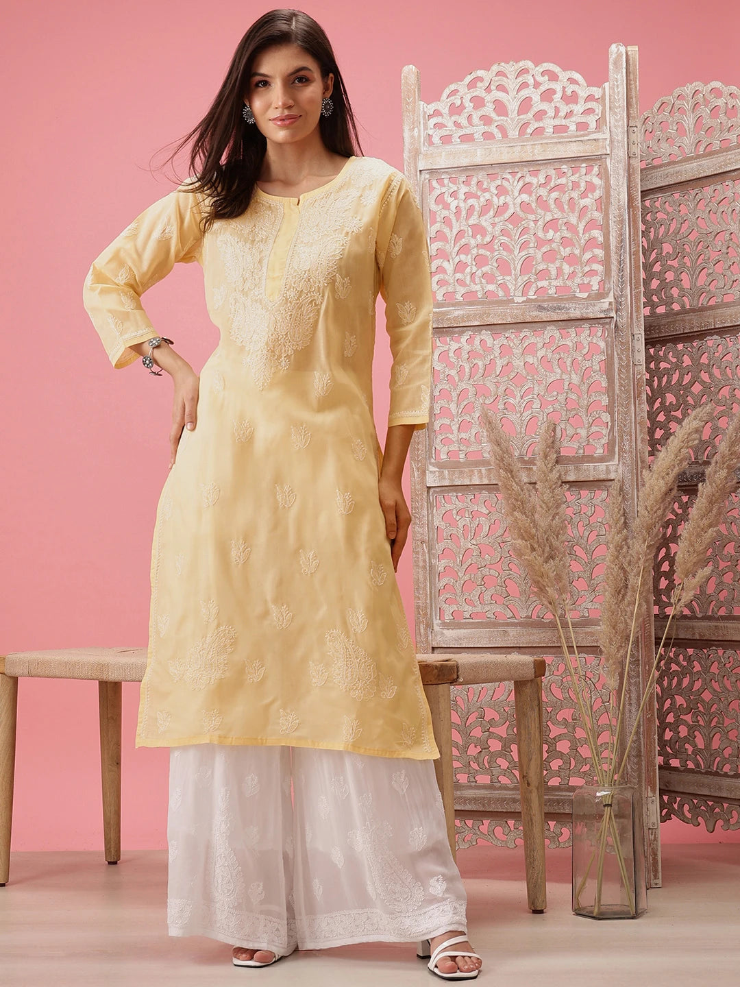 Ada Hand Embroidered Cream Cotton Lucknow Chikankari Straight Kurta A411397