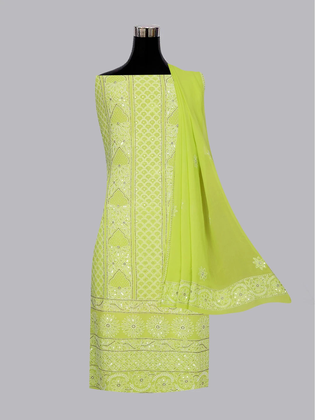 Ada Hand Embroidered Lime Green Pure Georgette Lucknowi Chikankari Unstitched Kurta Dupatta Set With Sequinned Work 01A281270
