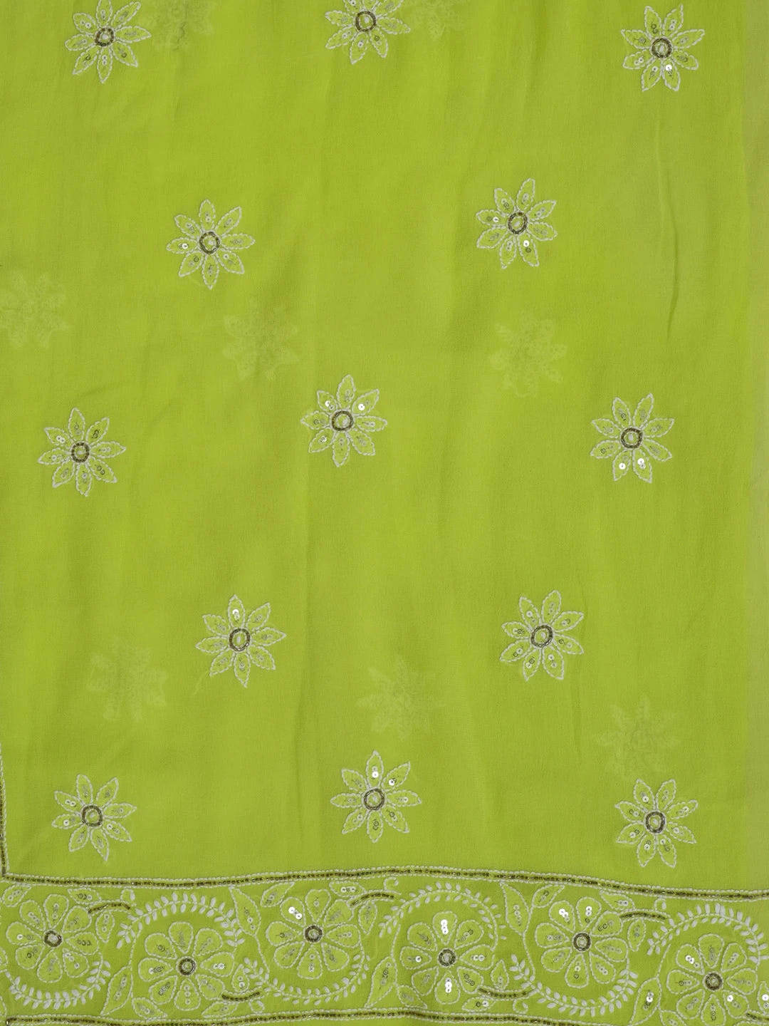 Ada Hand Embroidered Lime Green Pure Georgette Lucknowi Chikankari Unstitched Kurta Dupatta Set With Sequinned Work 01A281270