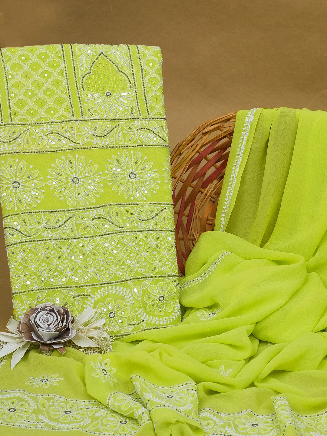 Ada Hand Embroidered Lime Green Pure Georgette Lucknowi Chikankari Unstitched Kurta Dupatta Set With Sequinned Work 01A281270