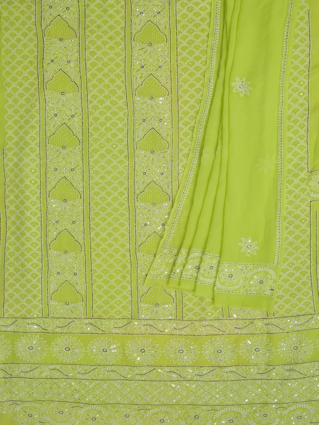 Ada Hand Embroidered Lime Green Pure Georgette Lucknowi Chikankari Unstitched Kurta Dupatta Set With Sequinned Work 01A281270