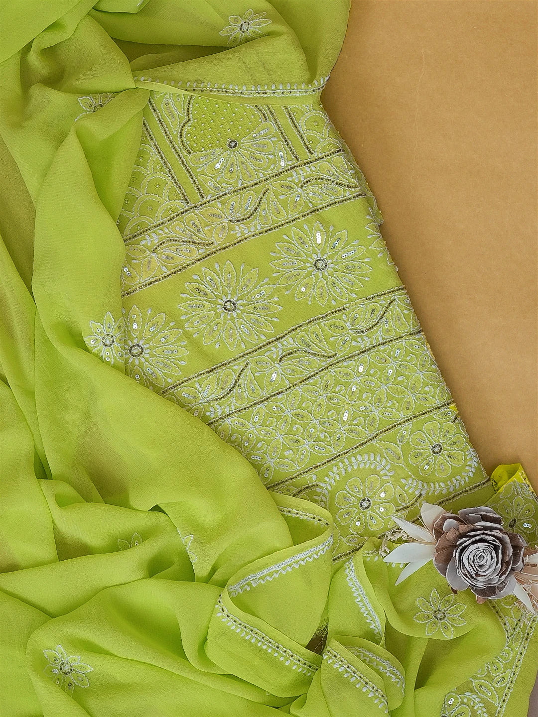 Ada Hand Embroidered Lime Green Pure Georgette Lucknowi Chikankari Unstitched Kurta Dupatta Set With Sequinned Work 01A281270