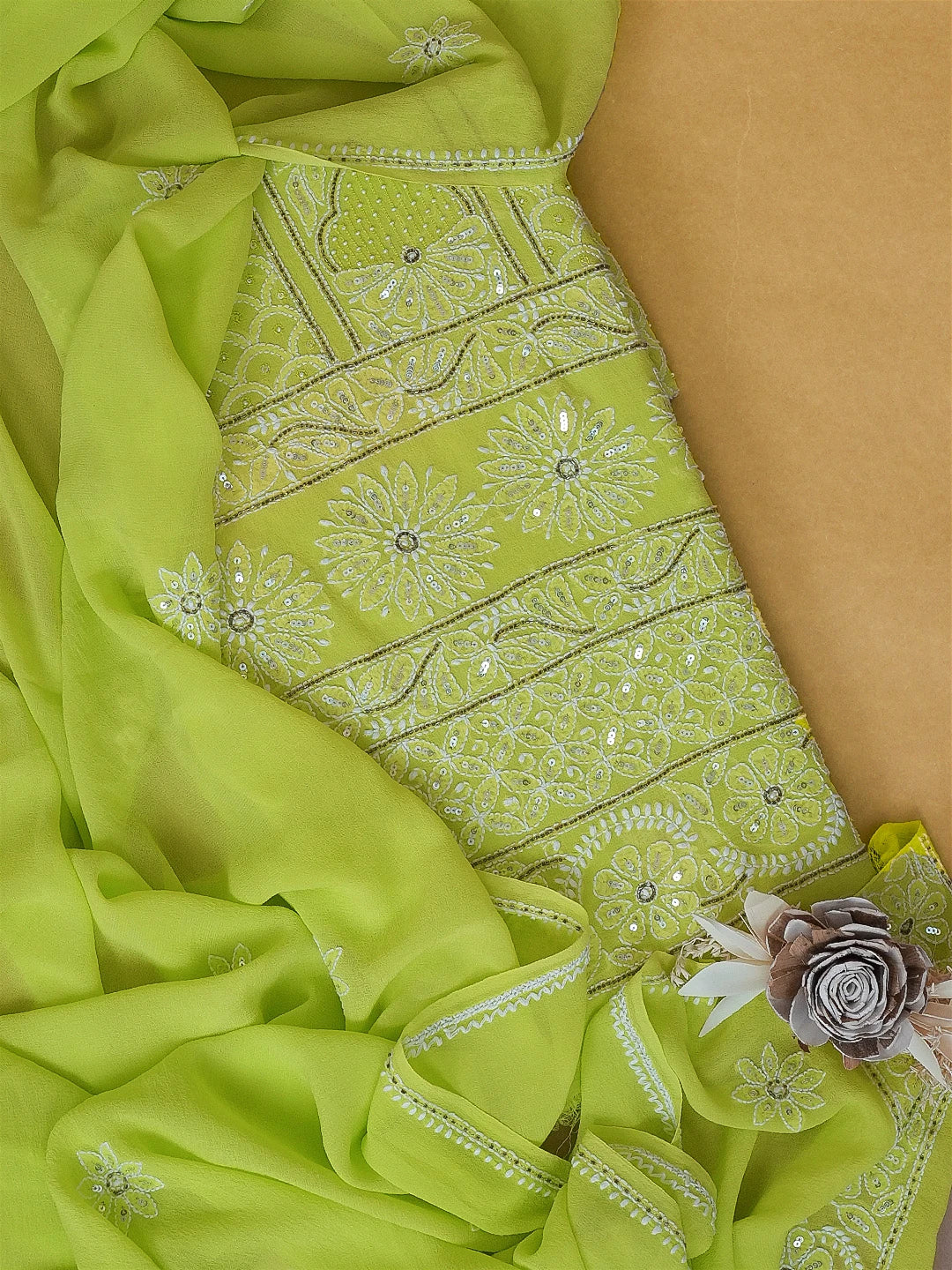 Ada Hand Embroidered Lime Green Pure Georgette Lucknowi Chikankari Unstitched Kurta Dupatta Set With Sequinned Work 01A281270