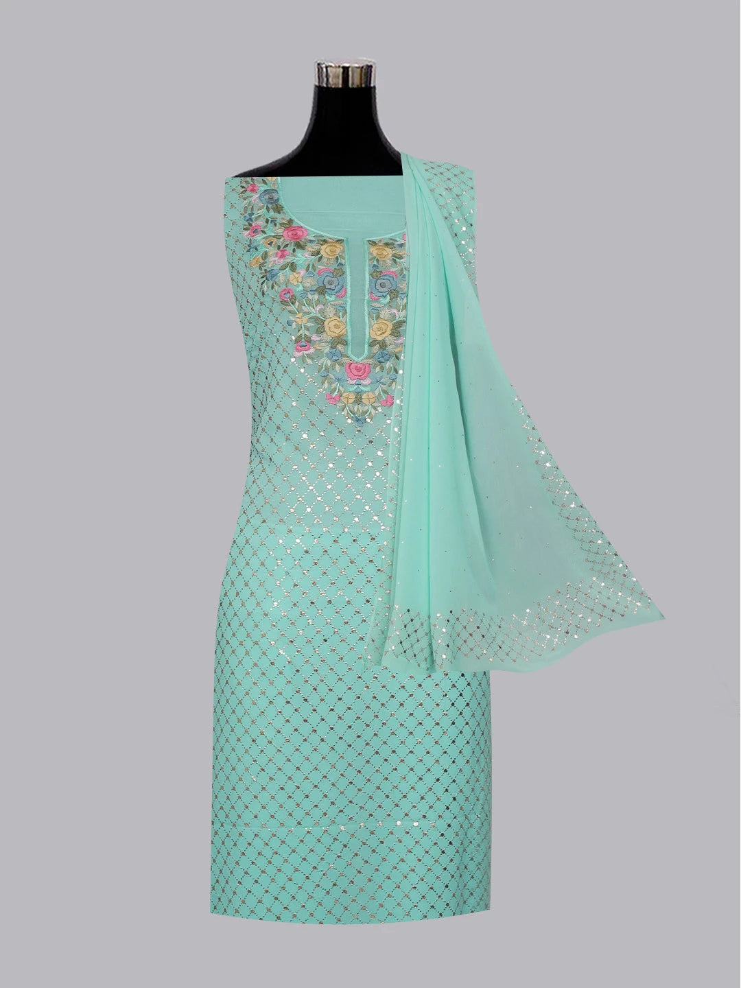 Ada Hand Embroidered Sky Blue Viscose Georgette Lucknowi Chikankari Unstitched Kurta Dupatta Set With Parsi Work 01A591788