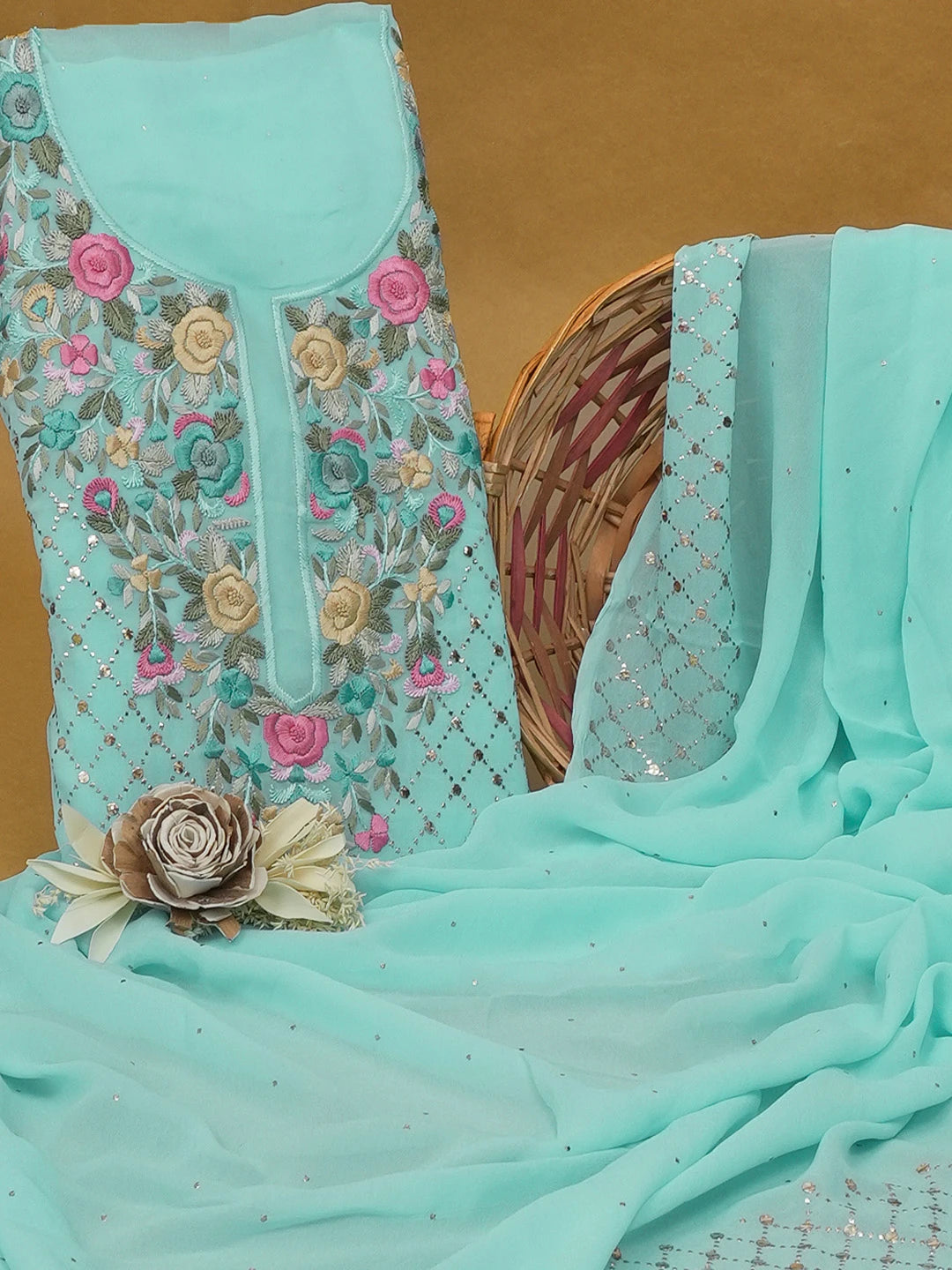 Ada Hand Embroidered Sky Blue Viscose Georgette Lucknowi Chikankari Unstitched Kurta Dupatta Set With Parsi Work 01A591788