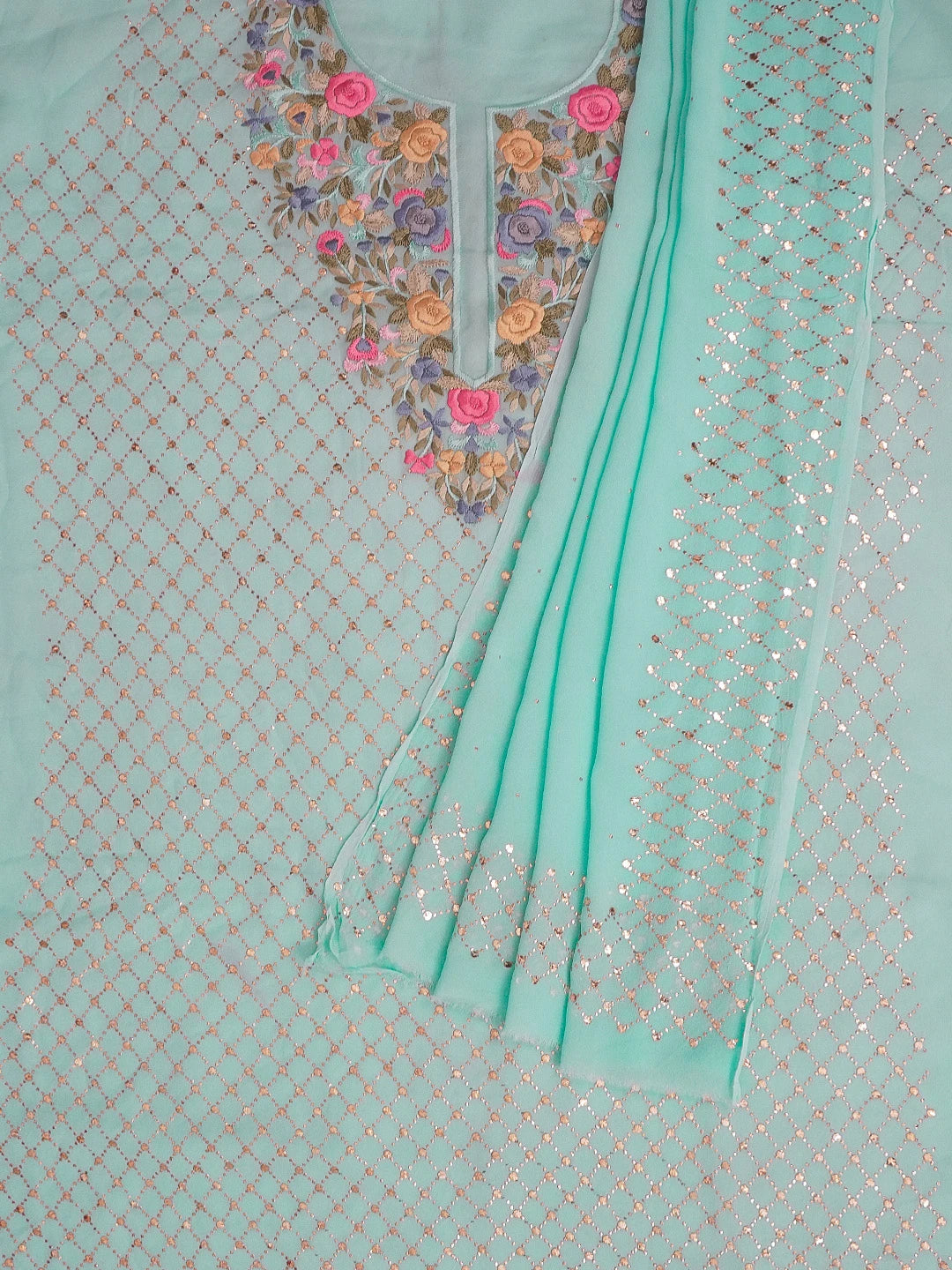 Ada Hand Embroidered Sky Blue Viscose Georgette Lucknowi Chikankari Unstitched Kurta Dupatta Set With Parsi Work 01A591788