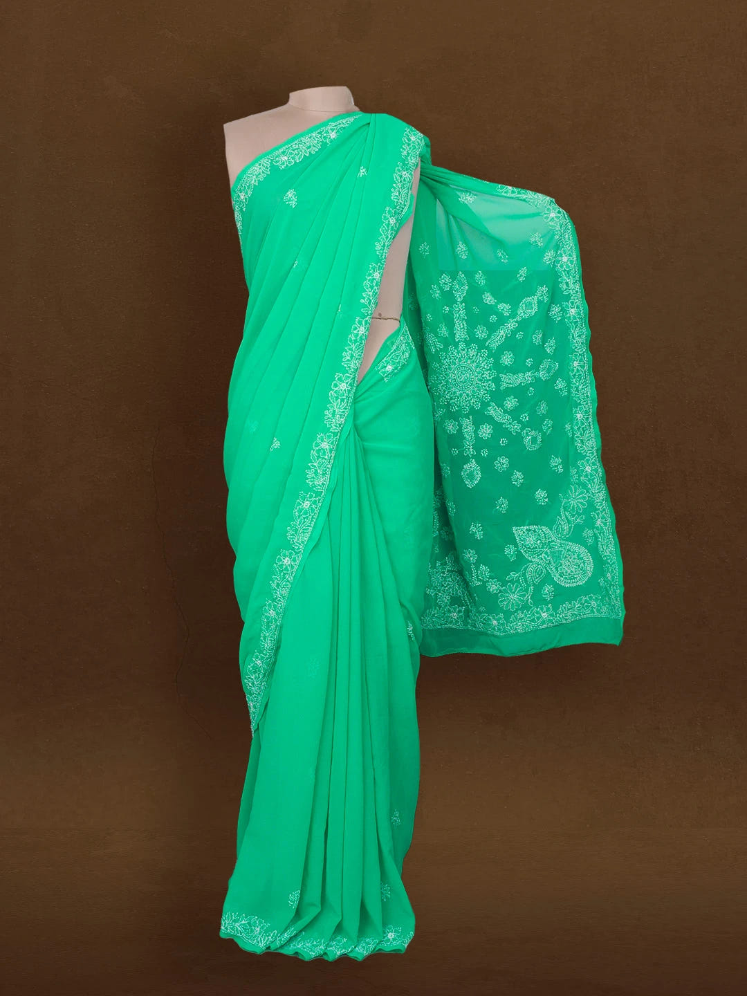 Ada Hand Embroidered Jade Green Georgette Lucknowi Chikankari Saree With Blouse 01A527635