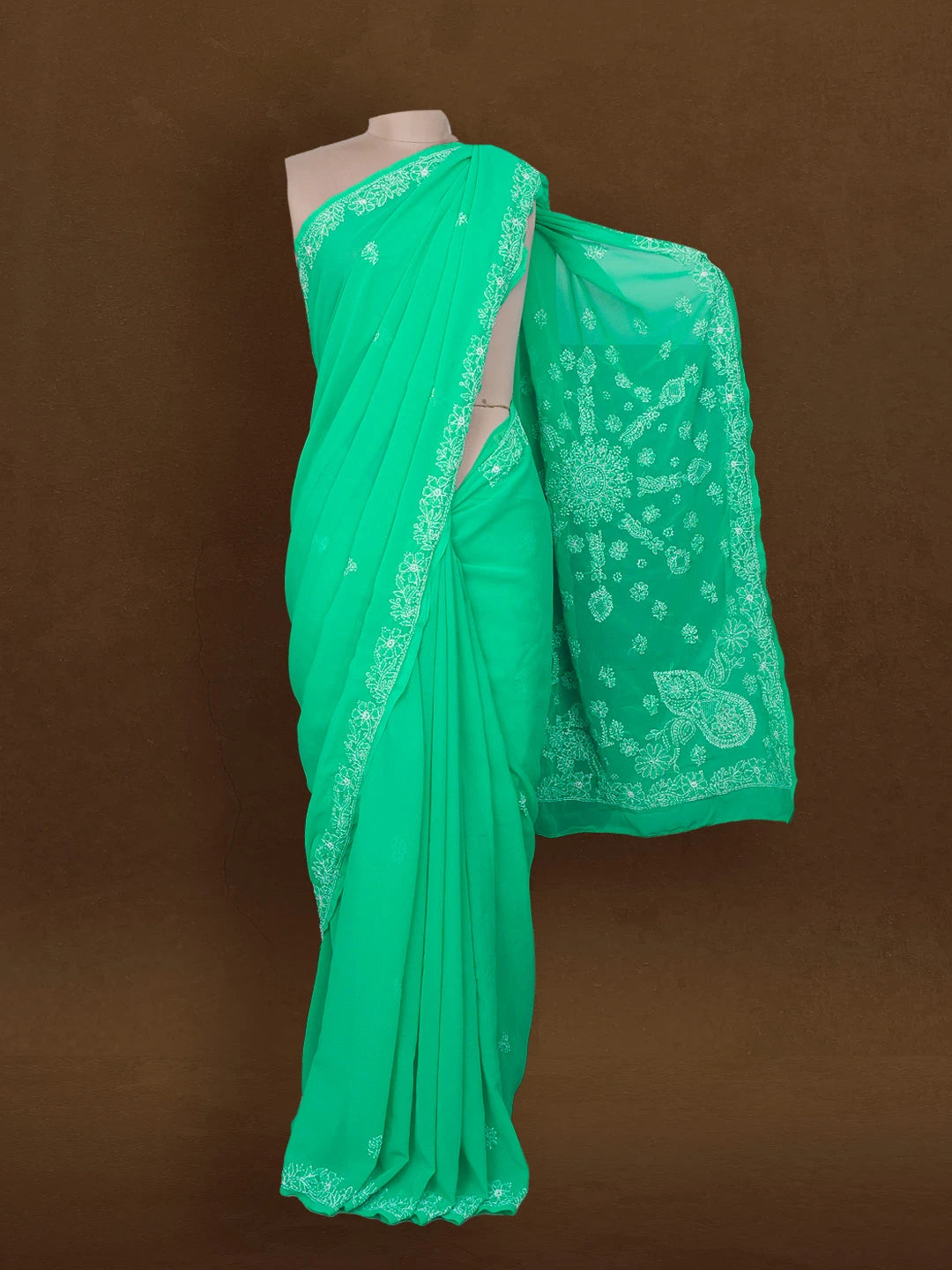 Ada Hand Embroidered Jade Green Georgette Lucknowi Chikankari Saree With Blouse 01A527635