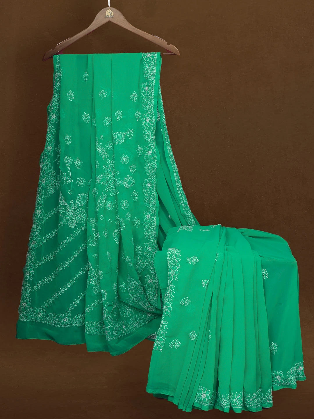 Ada Hand Embroidered Jade Green Georgette Lucknowi Chikankari Saree With Blouse 01A527635