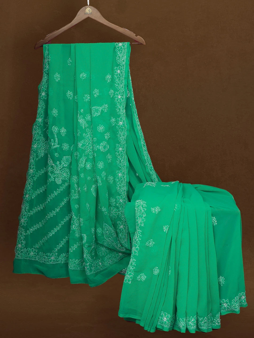 Ada Hand Embroidered Jade Green Georgette Lucknowi Chikankari Saree With Blouse 01A527635