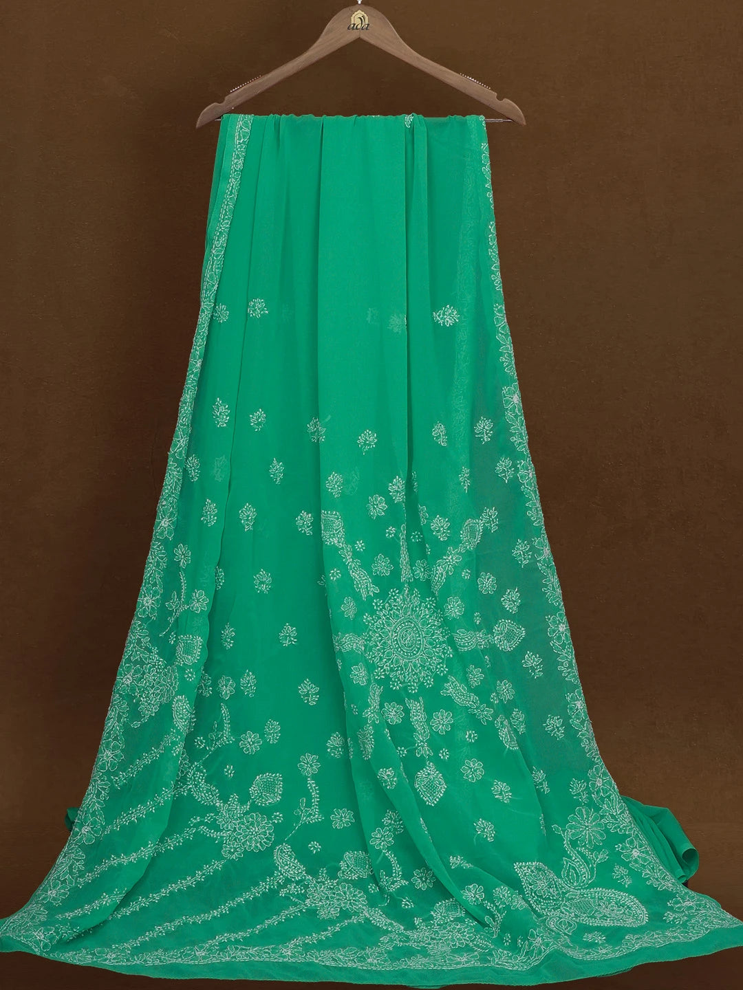 Ada Hand Embroidered Jade Green Georgette Lucknowi Chikankari Saree With Blouse 01A527635