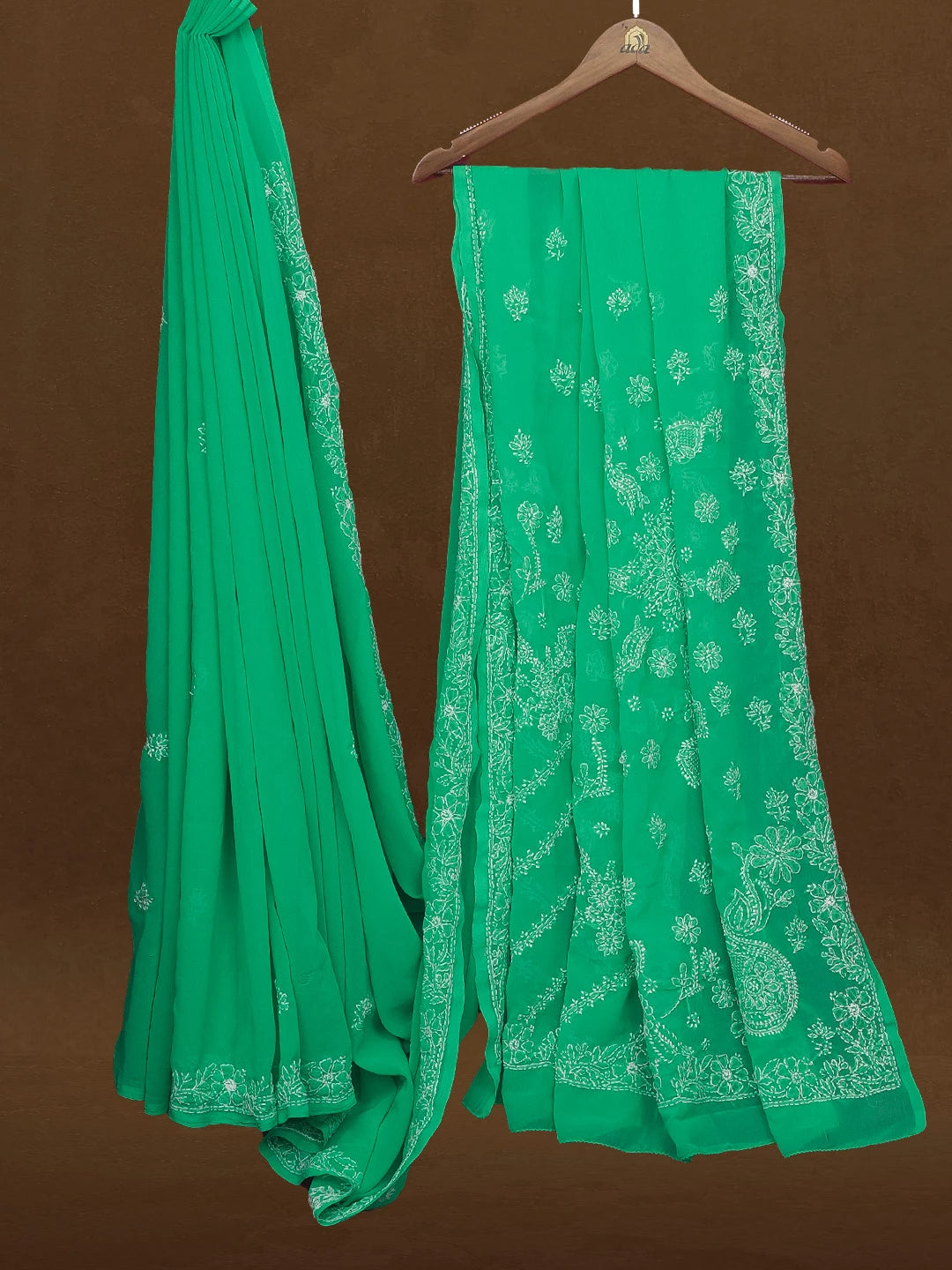 Ada Hand Embroidered Jade Green Georgette Lucknowi Chikankari Saree With Blouse 01A527635