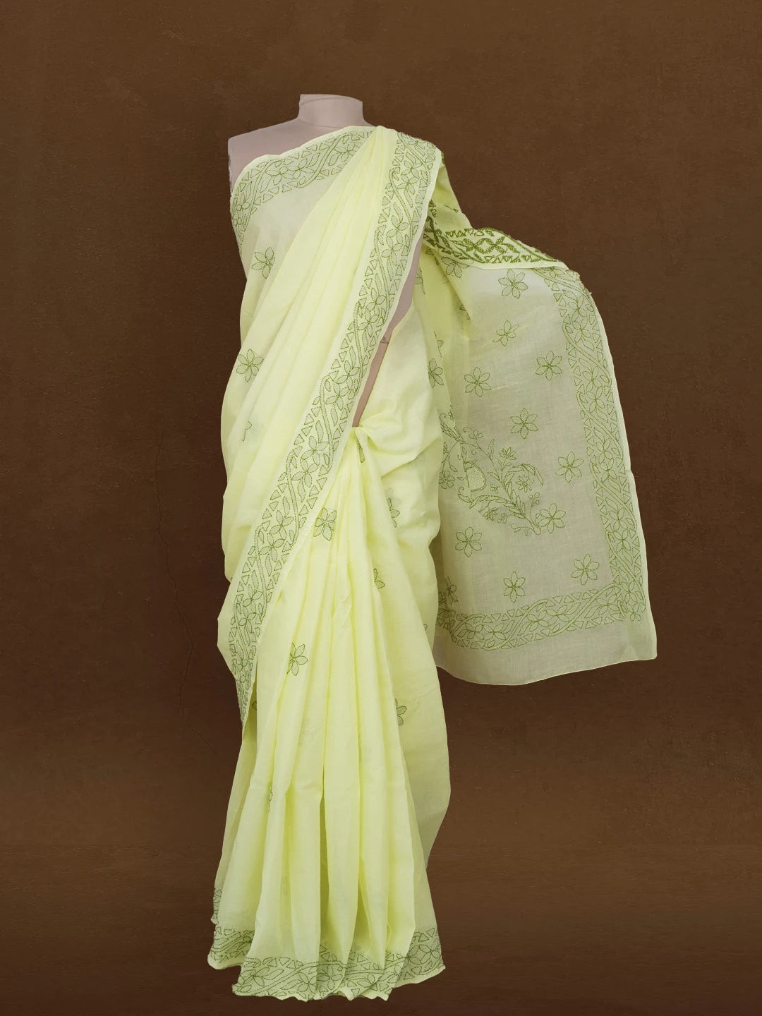 Ada Hand Embroidered Lemon Yellow Cotton Lucknowi Chikankari Saree and Blouse 01A366045