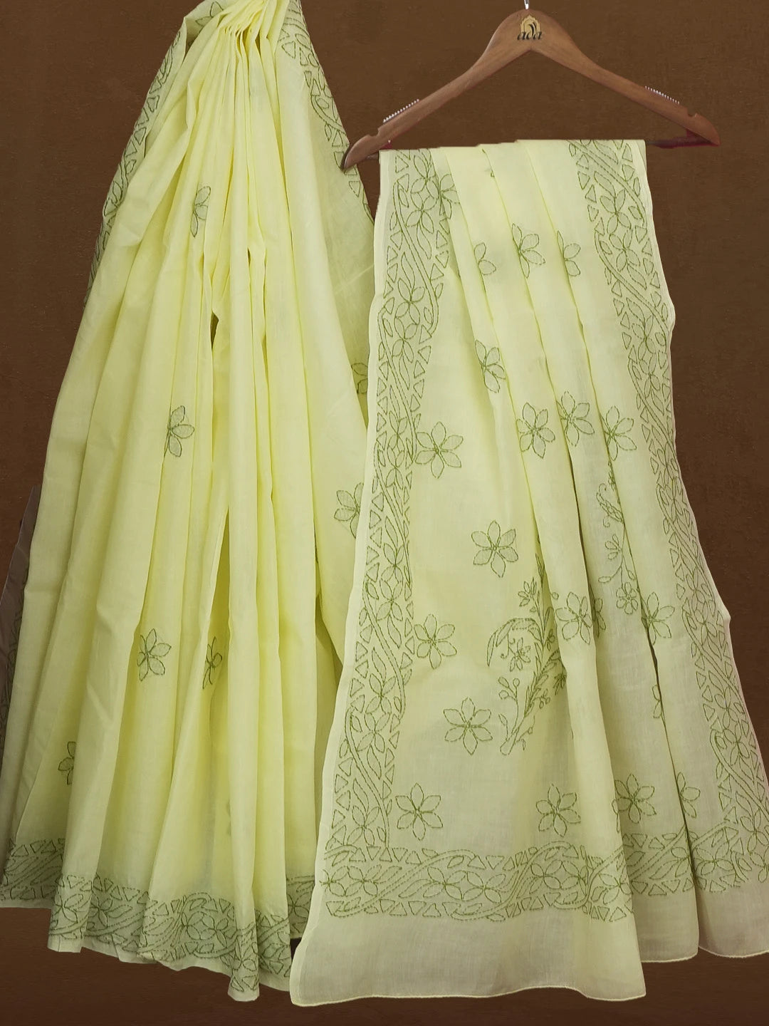 Ada Hand Embroidered Lemon Yellow Cotton Lucknowi Chikankari Saree and Blouse 01A366045