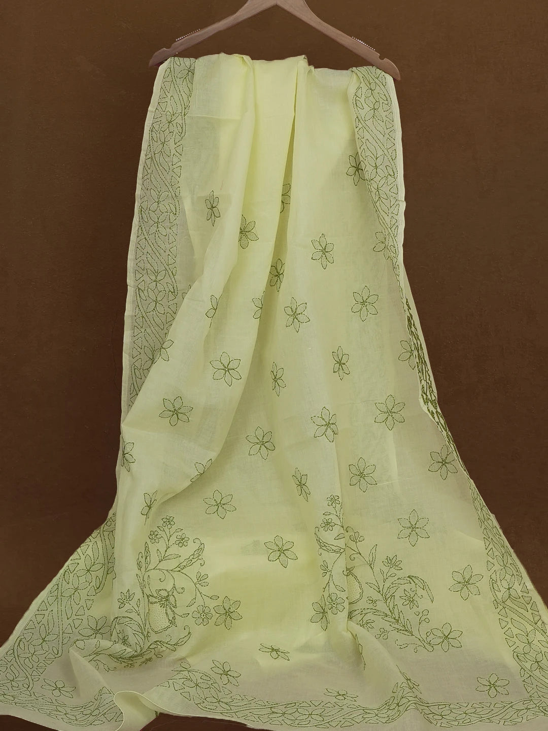 Ada Hand Embroidered Lemon Yellow Cotton Lucknowi Chikankari Saree and Blouse 01A366045