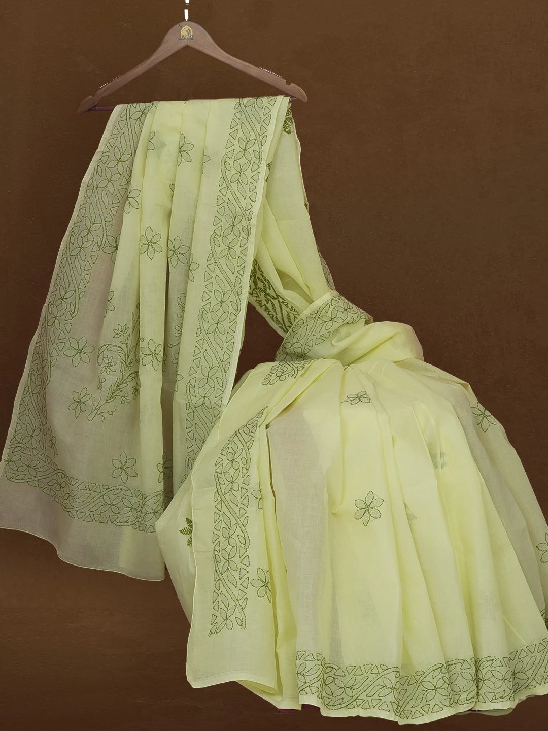 Ada Hand Embroidered Lemon Yellow Cotton Lucknowi Chikankari Saree and Blouse 01A366045