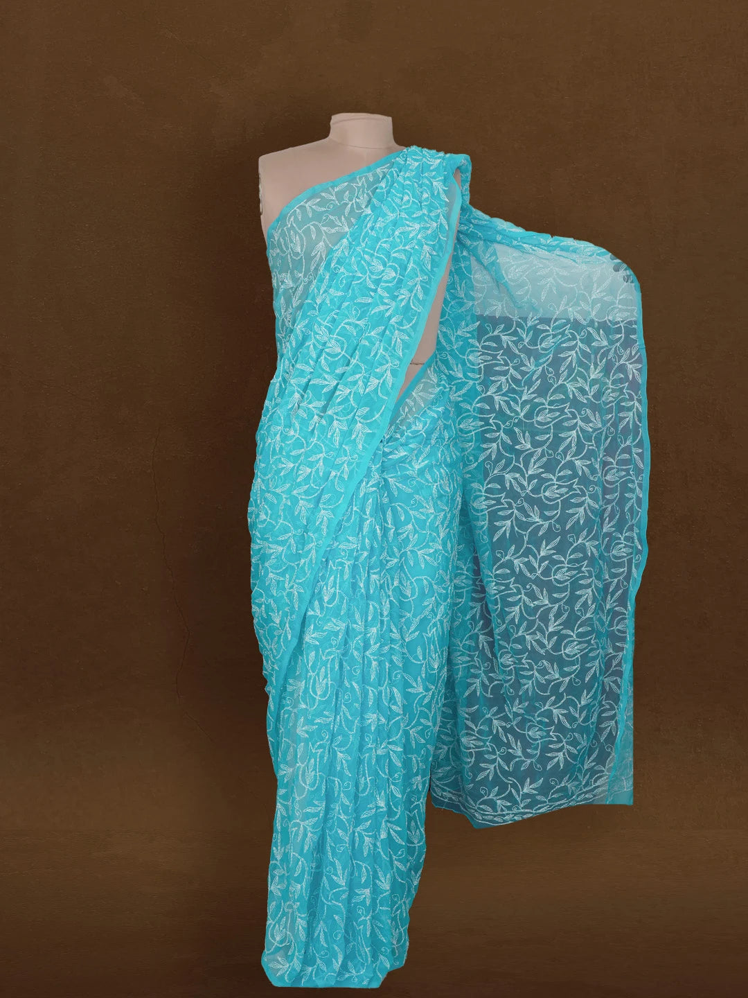 Ada Hand Embroidered Sky Blue Georgette Lucknowi Chikankari Saree With Blouse 01A576603