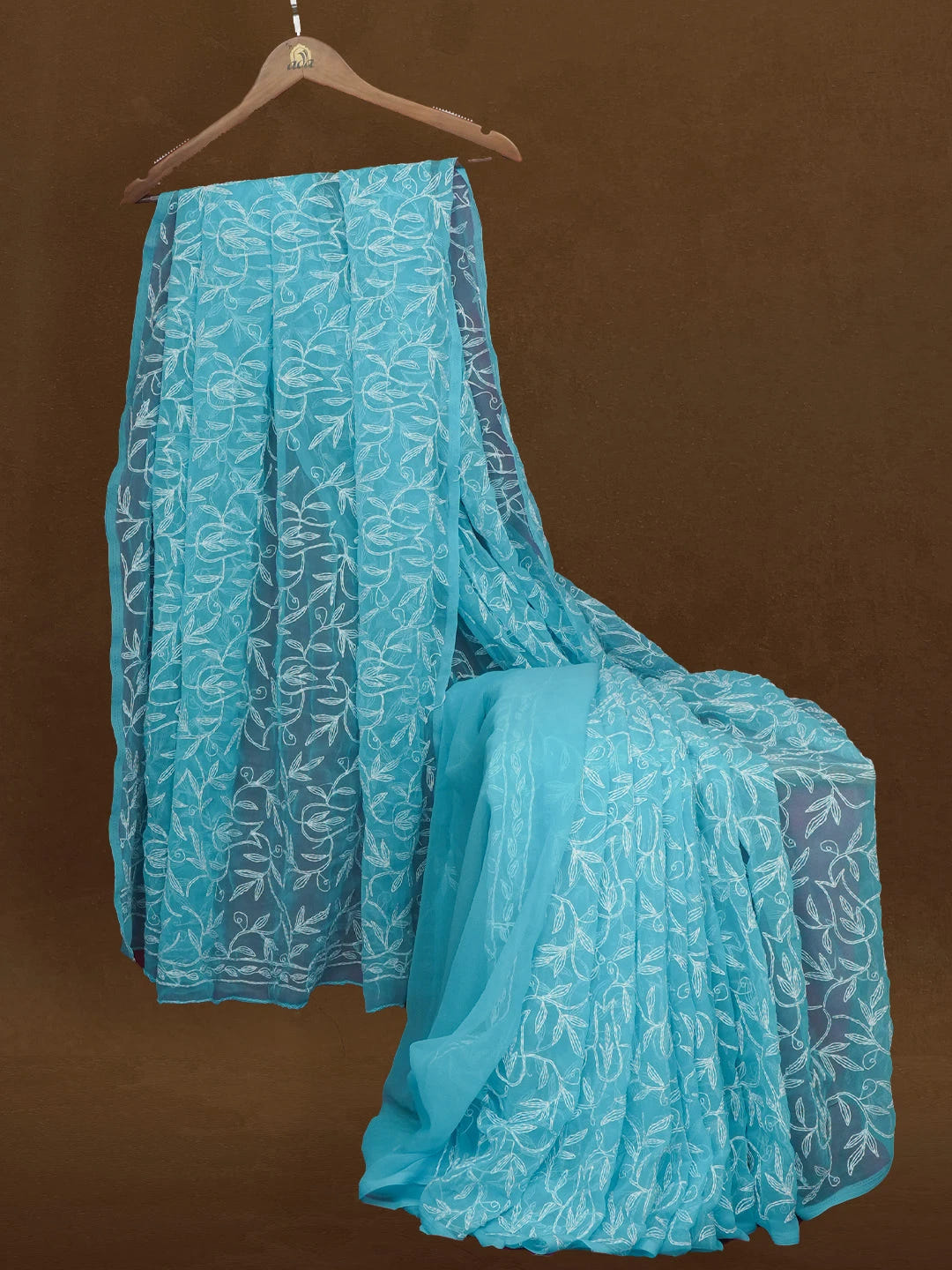 Ada Hand Embroidered Sky Blue Georgette Lucknowi Chikankari Saree With Blouse 01A576603