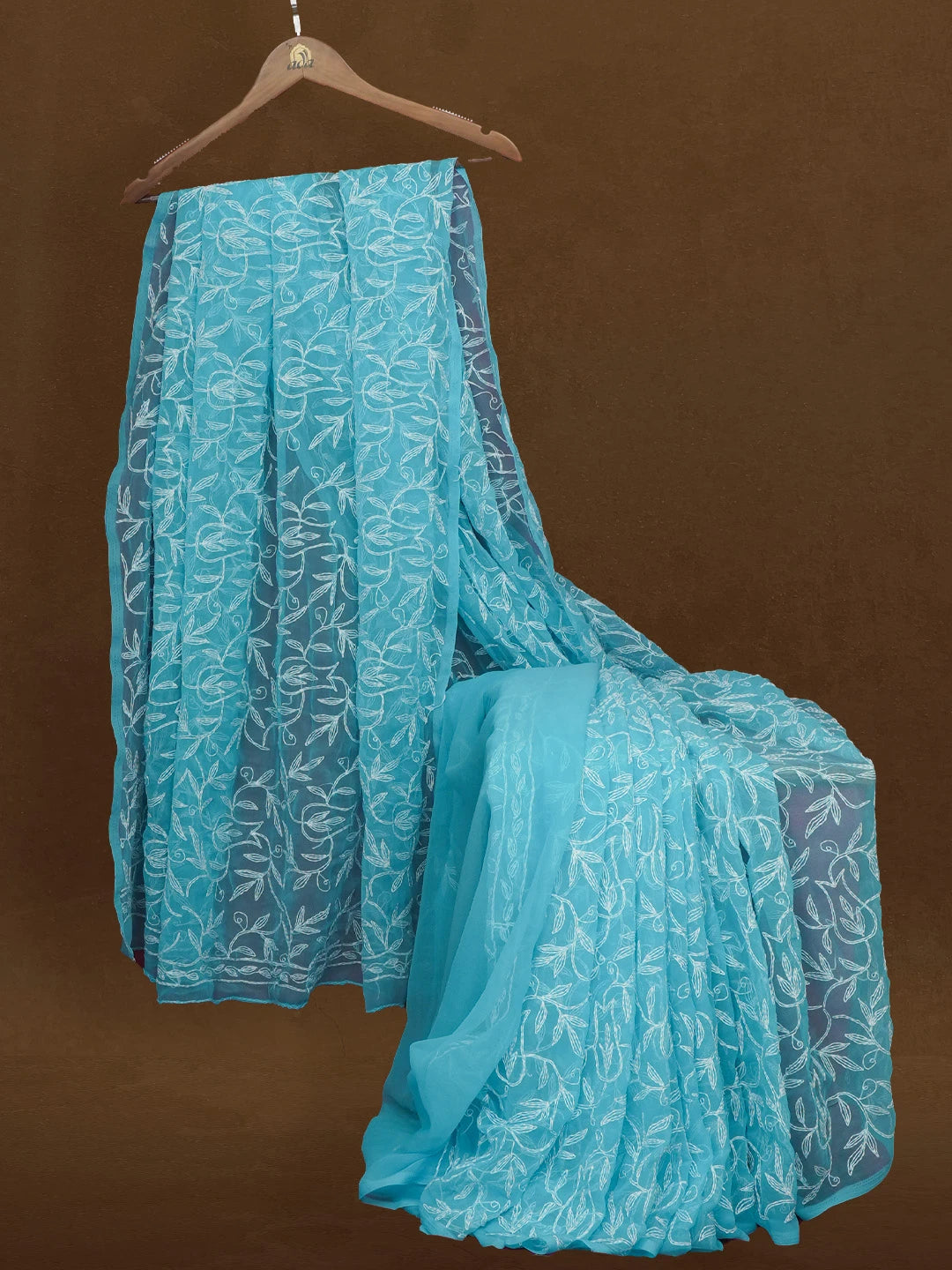 Ada Hand Embroidered Sky Blue Georgette Lucknowi Chikankari Saree With Blouse 01A576603
