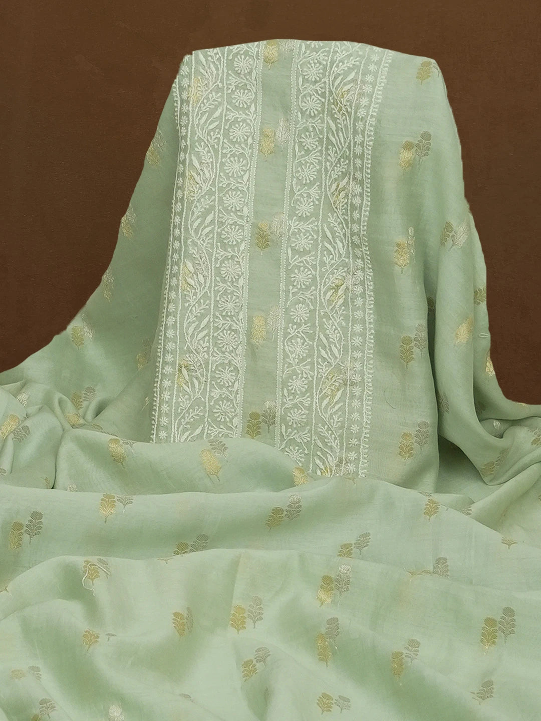 Ada Hand Embroidered Light Green Chanderi Lucknowi Chikankari Unstitched Men's Kurta Piece 01A604631